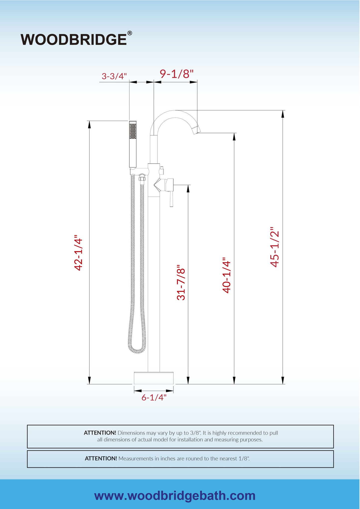 WOODBRIDGE F0023BNRD Contemporary Single Handle Floor Mount Freestanding Tub Filler Faucet with Cylinder Shape Hand shower