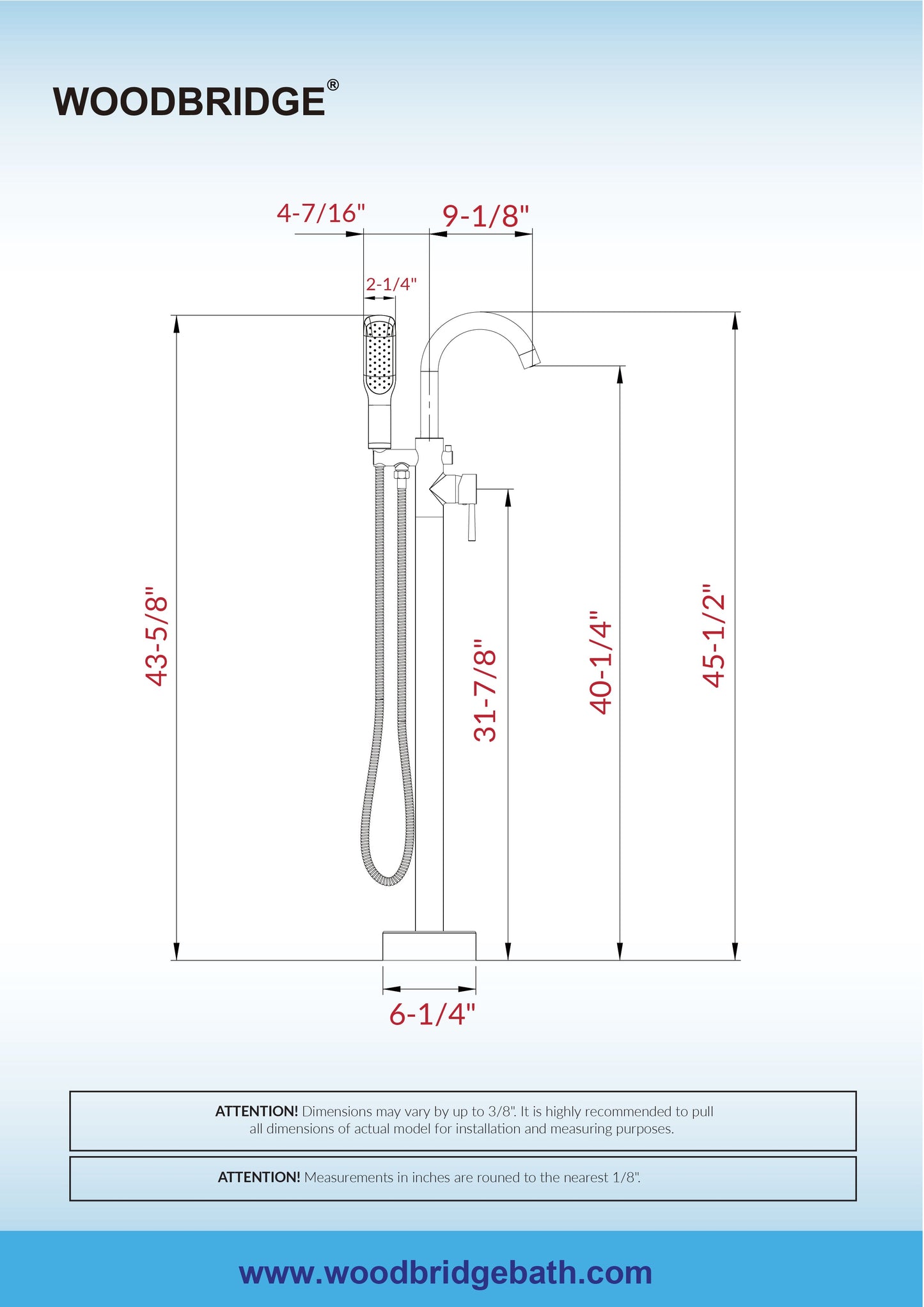 WOODBRIDGE F0023BNSQ Fusion Single Handle Floor Mount Freestanding Tub Filler Faucet with Square Comfort Grip Hand Shower