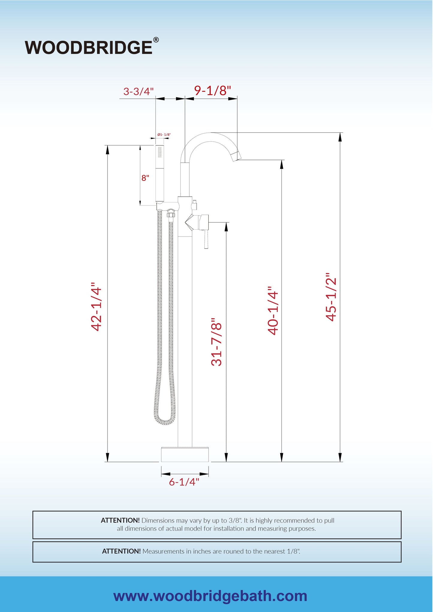 WOODBRIDGE F0023BNDR Contemporary Single Handle Floor Mount Freestanding Tub Filler Faucet with 2 Function Cylinder Style Hand Shower