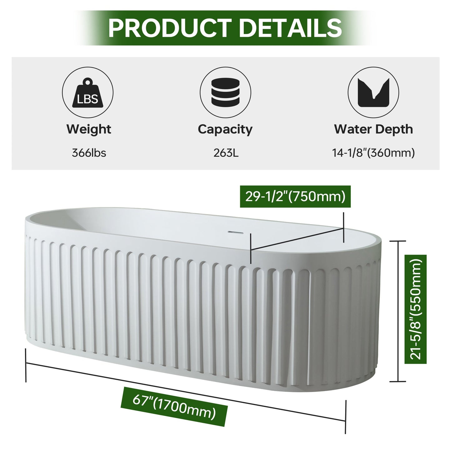 WOODBRIDGE 67" L x 29-1/2" W Luxury Contemporary Solid Surface Stone Resin Freestanding Bathtub