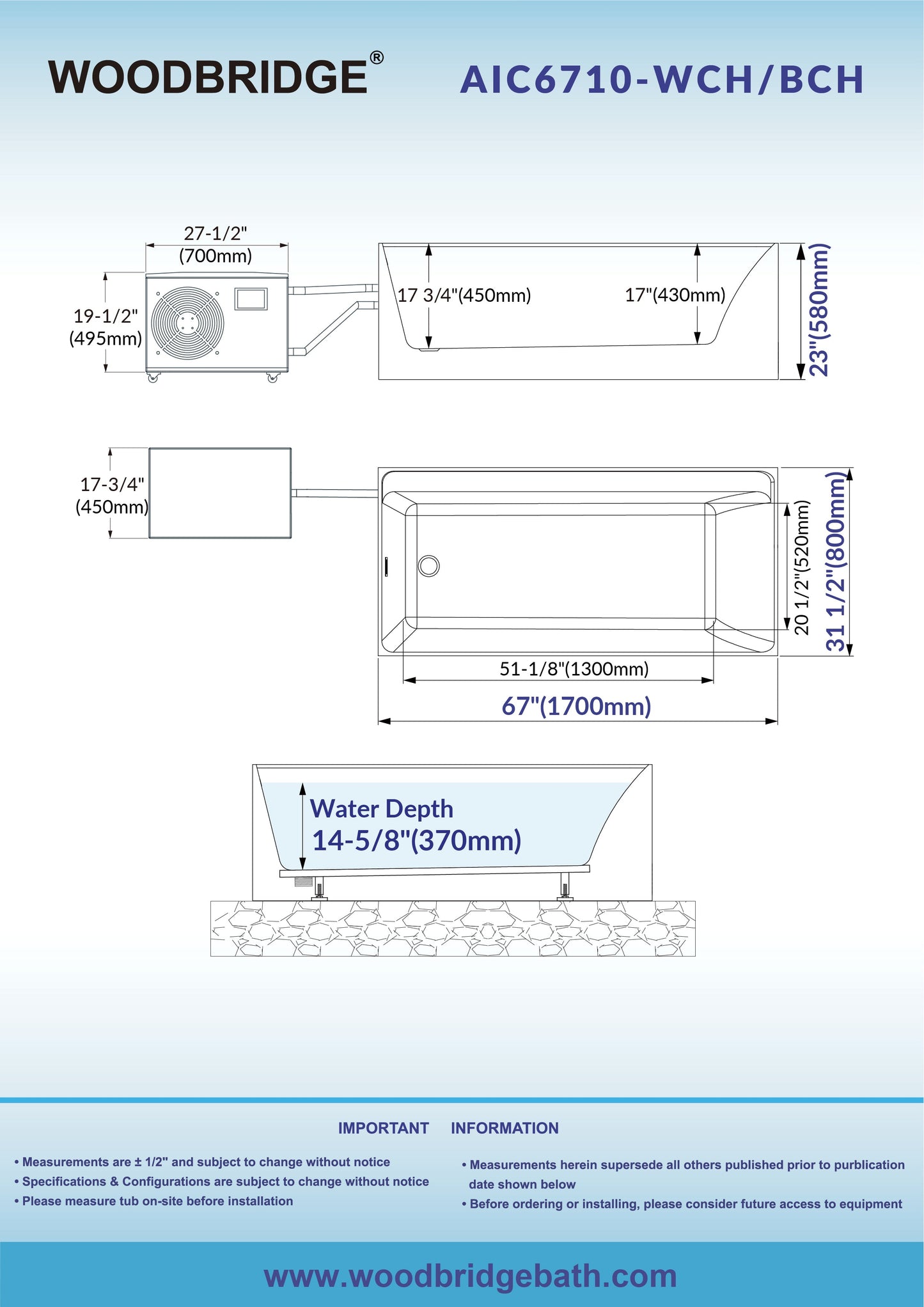 WOODBRIDGE 67" L x 31-1/2" W Freestanding Acrylic Cold Plunge Ice Tub with 1.3 HP High-Performance Chiller for Cooling/Heating, Ozone sanitation, Filter circulation system, Insulated tub cover