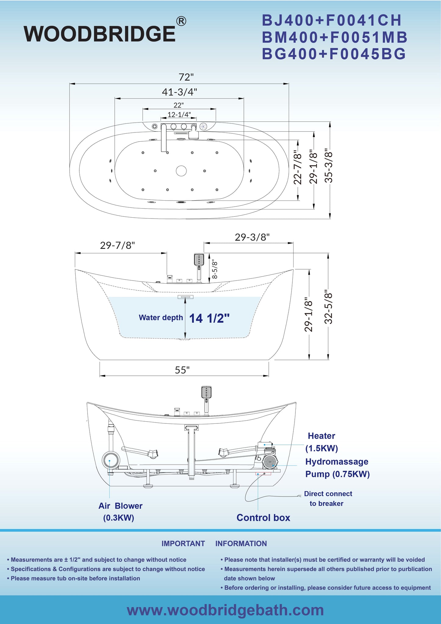 WOODBRIDGE 72" x 35-3/8" Whirlpool and Air Bath Heated Soaking Combination Tub with Adjustable Speed Air Blower and Display Control Panel, Brushed Gold Finish Trim and Drain Kit
