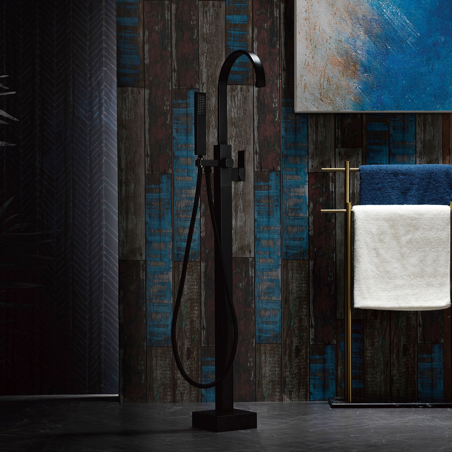 WOODBRIDGE F0060BN Contemporary Single Handle Floor Mount Freestanding Tub Filler Faucet with Hand Shower