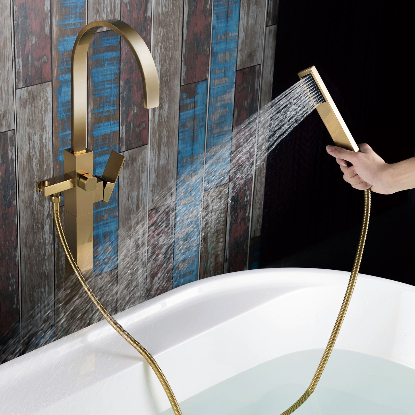 WOODBRIDGE F0060BN Contemporary Single Handle Floor Mount Freestanding Tub Filler Faucet with Hand Shower