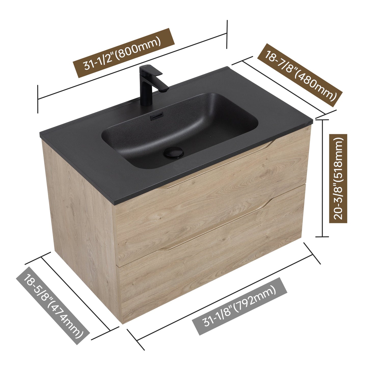 WOODBRIDGE 23-5/8" Wall Mounted Single Basin Vanity – Evita Oak Wood Finish with Black Quartz Sand Composite Top, Floating Design