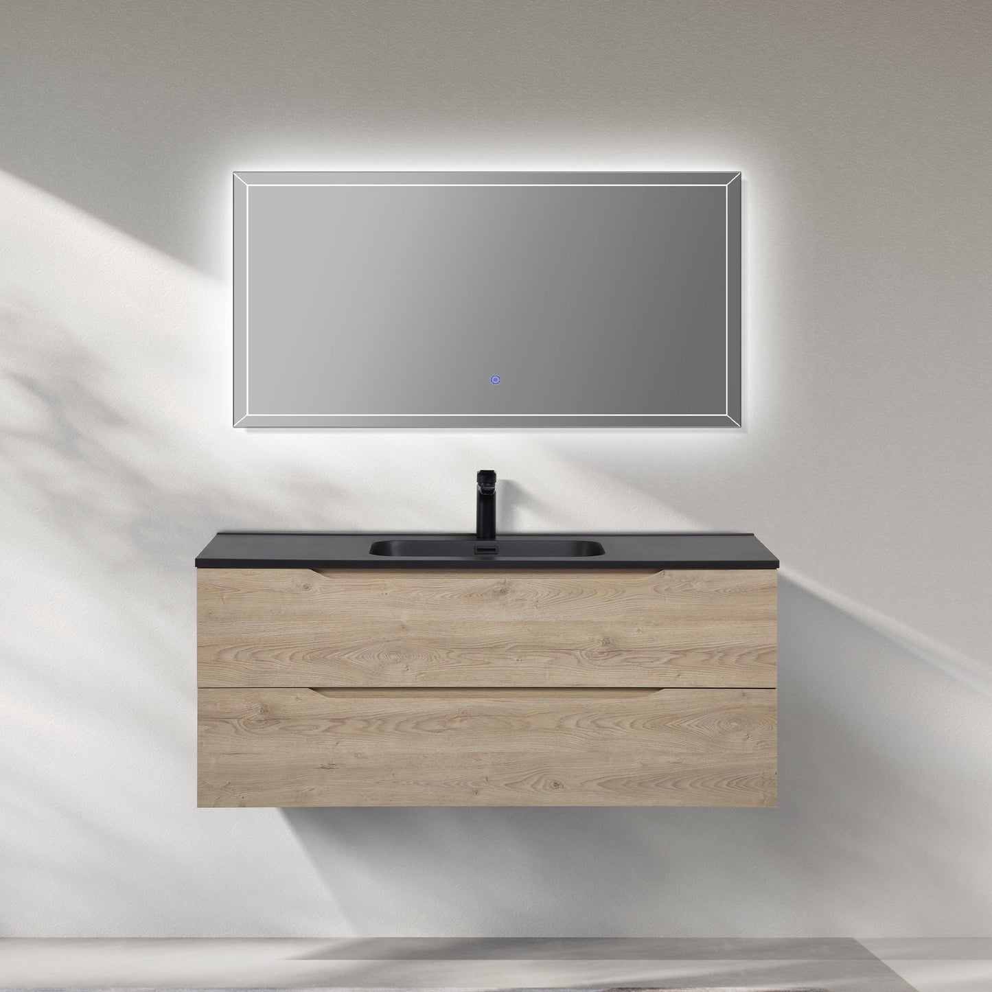 WOODBRIDGE 23-5/8" Wall Mounted Single Basin Vanity – Evita Oak Wood Finish with Black Quartz Sand Composite Top, Floating Design