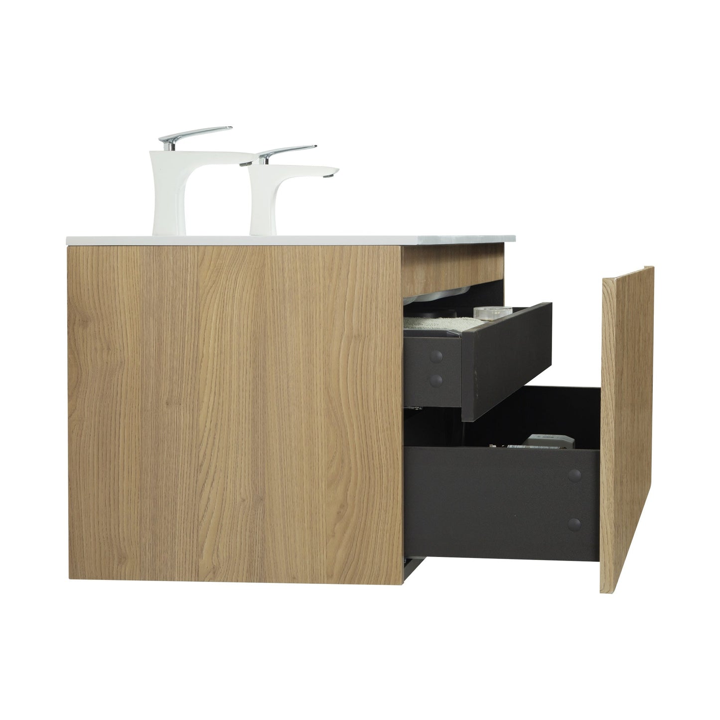 WOODBRIDGE 47-1/4" Wall Mounted Floating Bathroom Vanity in Yellow Oak Wood Finish with White Resin Top and Double Sink