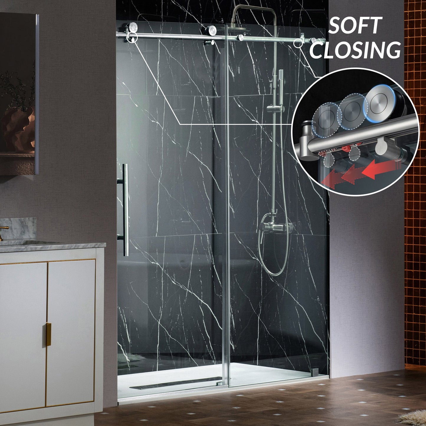 WOODBRIDGE Frameless Sliding Shower Doors with Soft Close System, 56-60" Width x 76"Height with 3/8"(10mm) Clear Tempered Glass