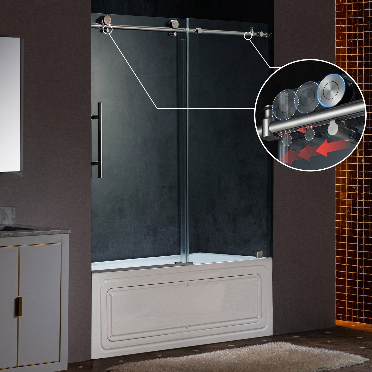 WOODBRIDGE Frameless Single Sliding Shower Doors, 57.5-60" Width x 62"Height with 3/8"(10mm) Clear Tempered Glass, Soft Close System and Explosion-Proof Film