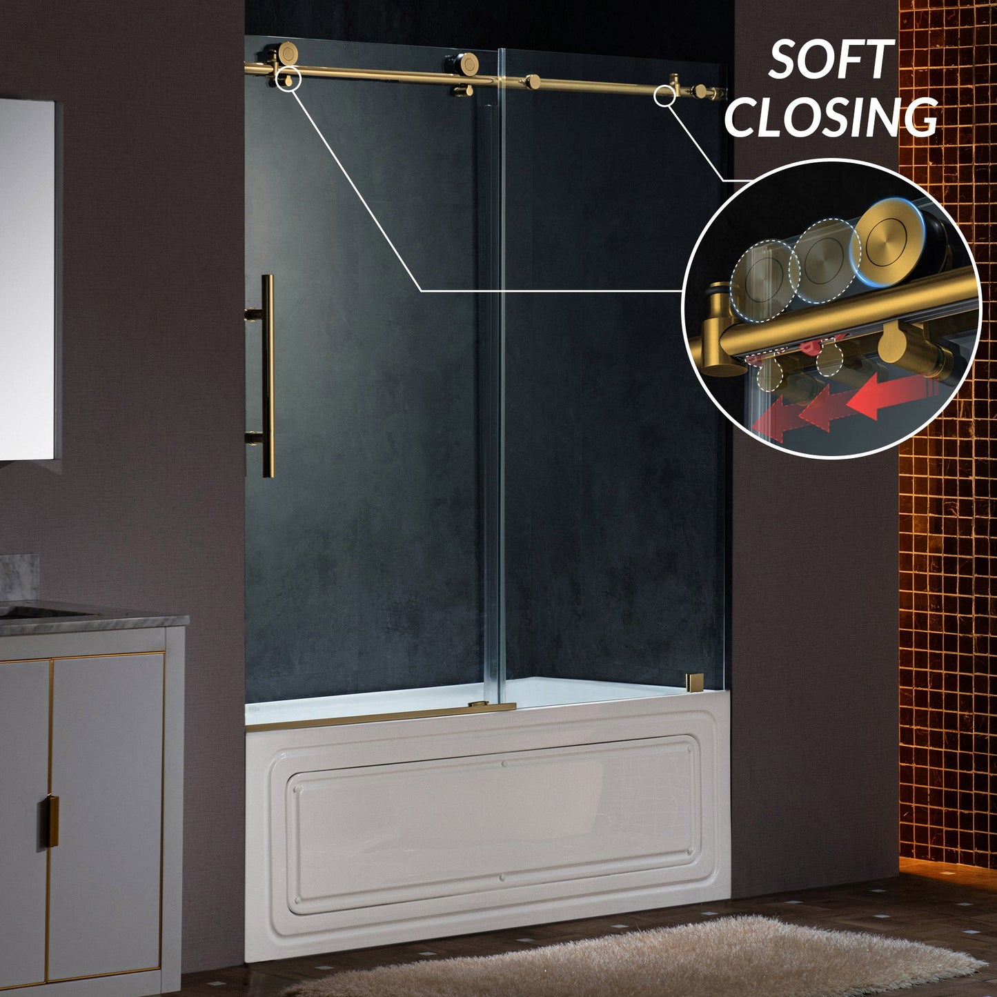 WOODBRIDGE Frameless Single Sliding Shower Doors, 57.5-60" Width x 62"Height with 3/8"(10mm) Clear Tempered Glass, Soft Close System and Explosion-Proof Film