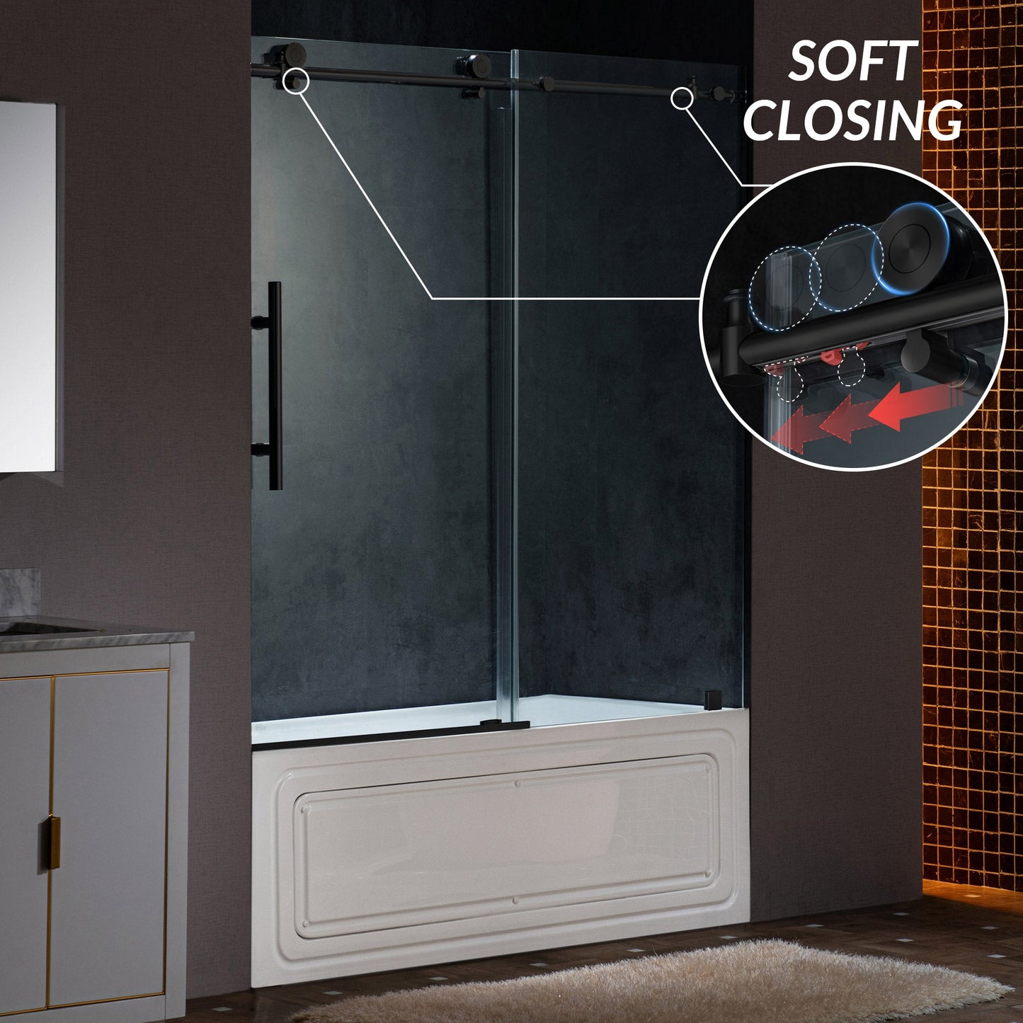 WOODBRIDGE Frameless Single Sliding Shower Doors, 57.5-60" Width x 62"Height with 3/8"(10mm) Clear Tempered Glass, Soft Close System and Explosion-Proof Film