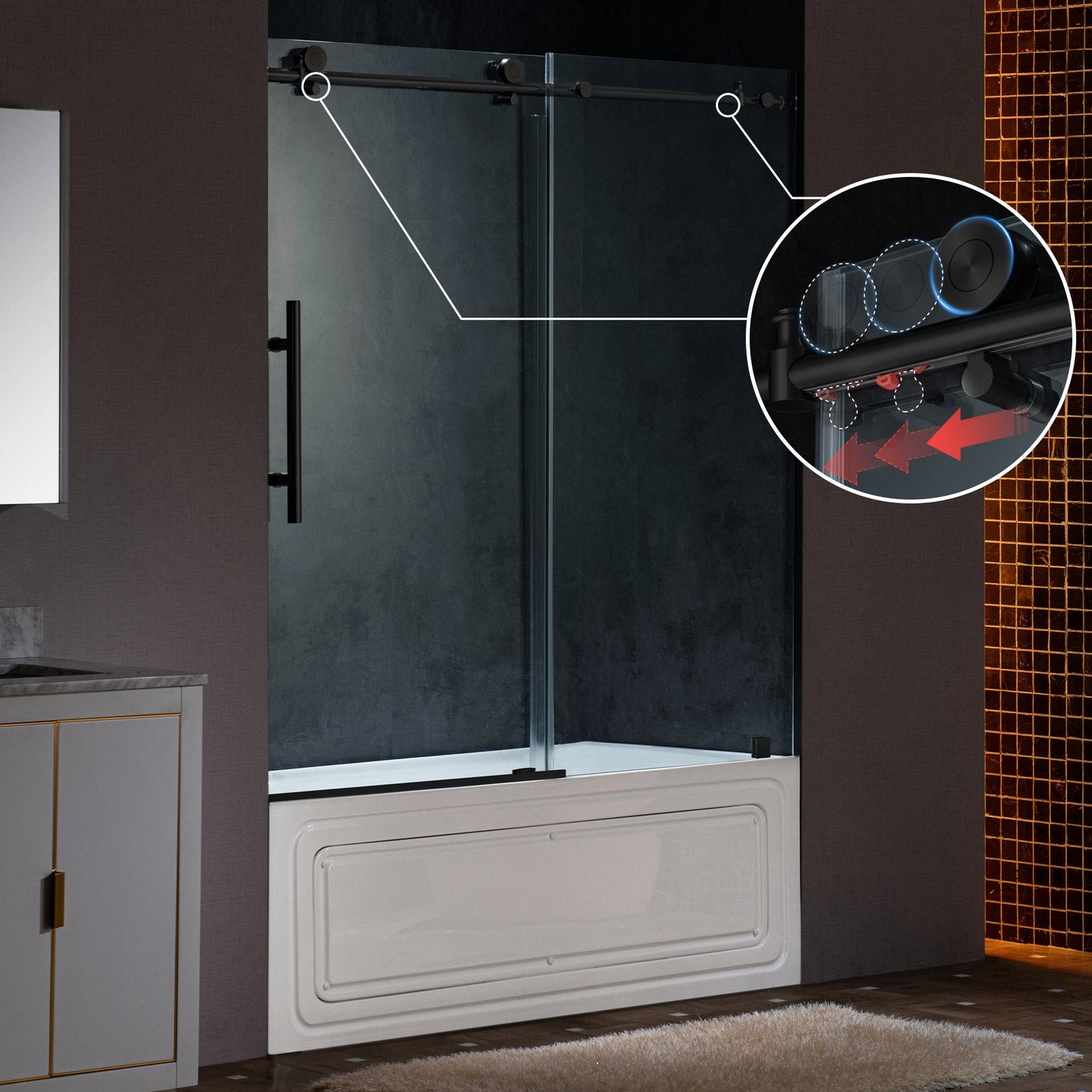 WOODBRIDGE Frameless Single Sliding Shower Doors, 57.5-60" Width x 62"Height with 3/8"(10mm) Clear Tempered Glass, Soft Close System and Explosion-Proof Film