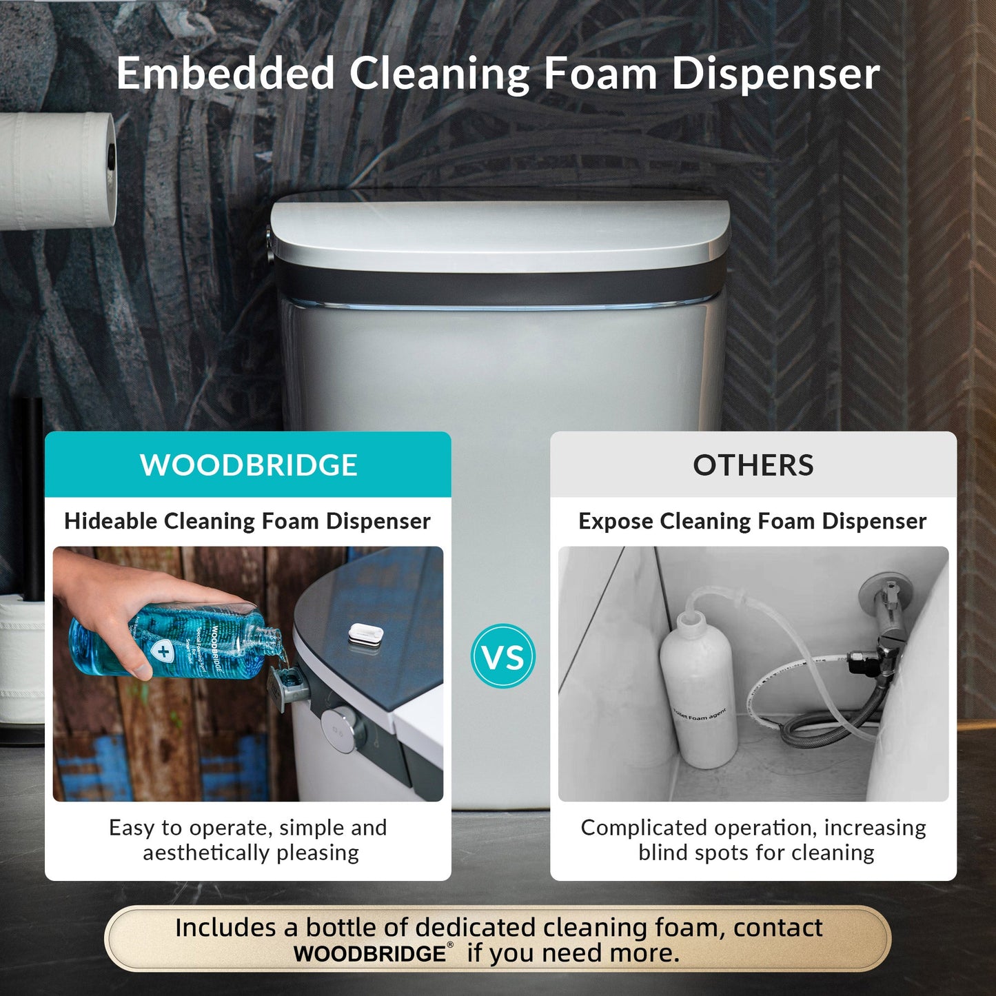 WOODBRIDGE Smart Bidet Toilet,1.28 GPF Dual Flush, Auto Open & Close, Auto Flush, Foot Sensor,1000 Gram MaP Flushing Score, Movement Drying, Heated Seat, ADA Chair Height Design and Cleaning Foam Dispenser