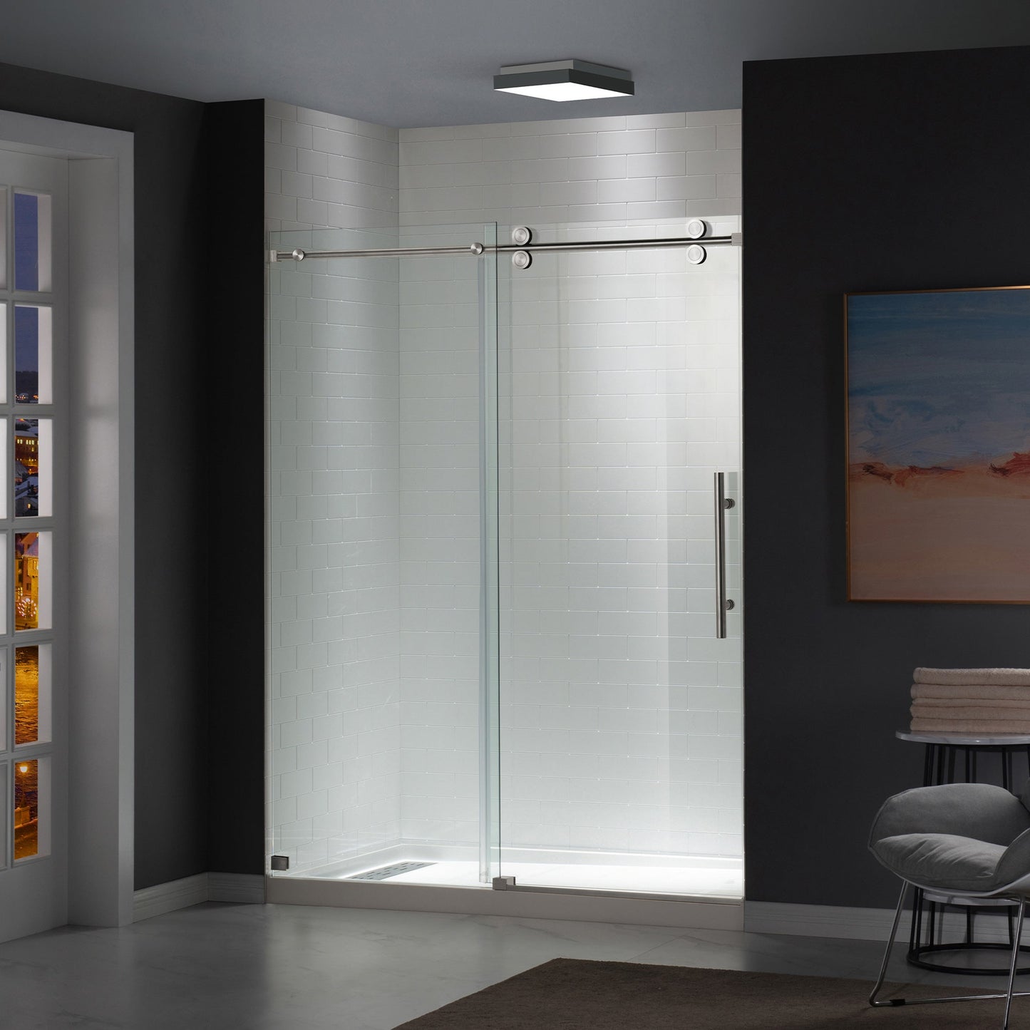 WOODBRIDGE Frameless Shower Doors 56-60" Width x 76"Height with 5/16"(8mm) Clear Tempered Glass, Single Sliding with Side Seal Strips