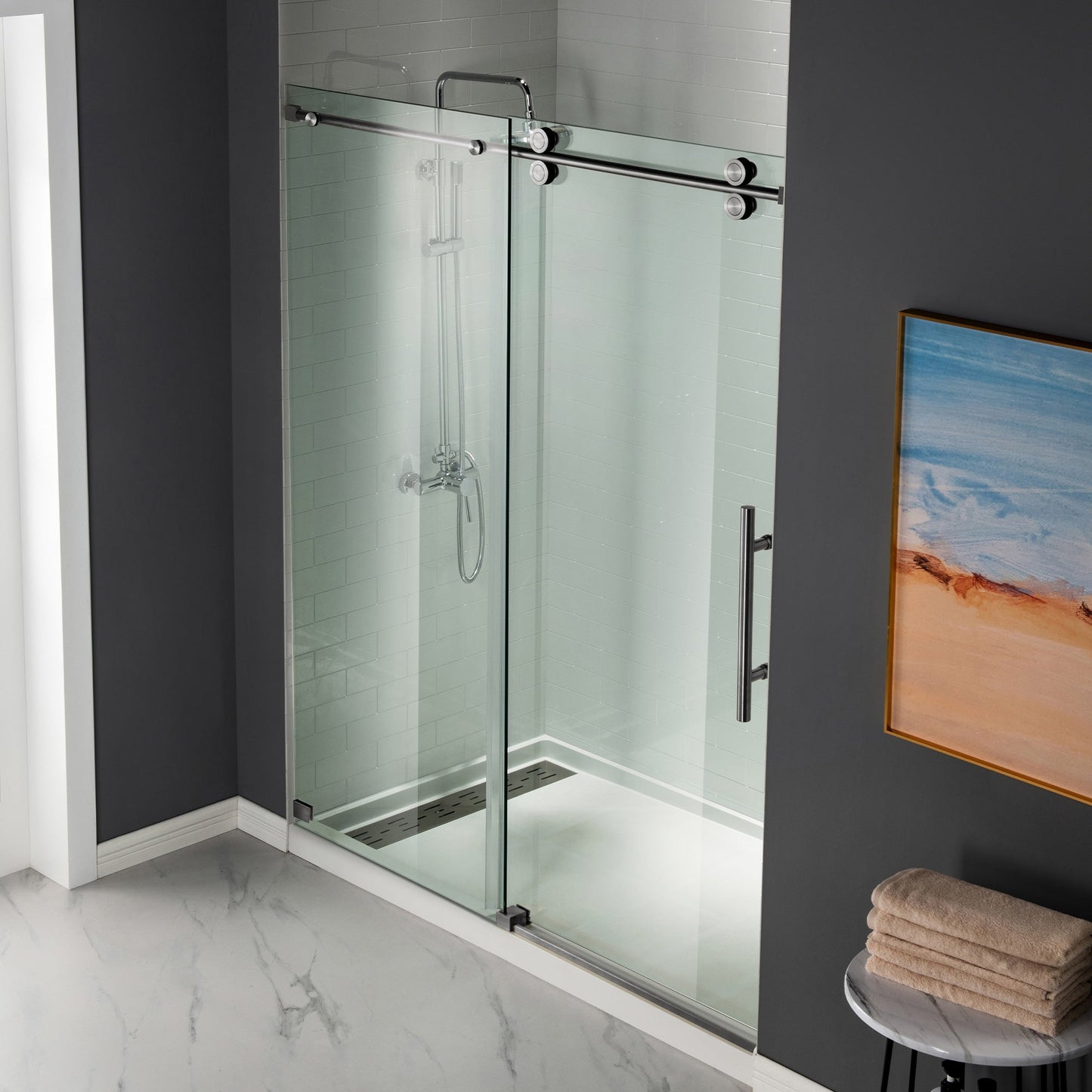WOODBRIDGE Frameless Shower Doors 56-60" Width x 76"Height with 5/16"(8mm) Clear Tempered Glass, Single Sliding with Side Seal Strips