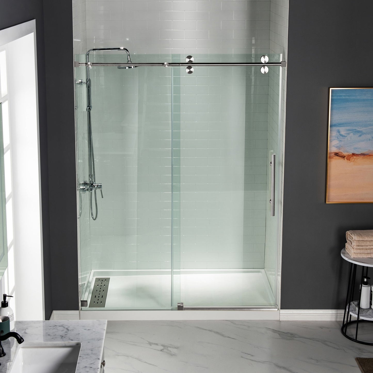 WOODBRIDGE Frameless Shower Doors 56-60" Width x 76"Height with 5/16"(8mm) Clear Tempered Glass, Single Sliding with Side Seal Strips