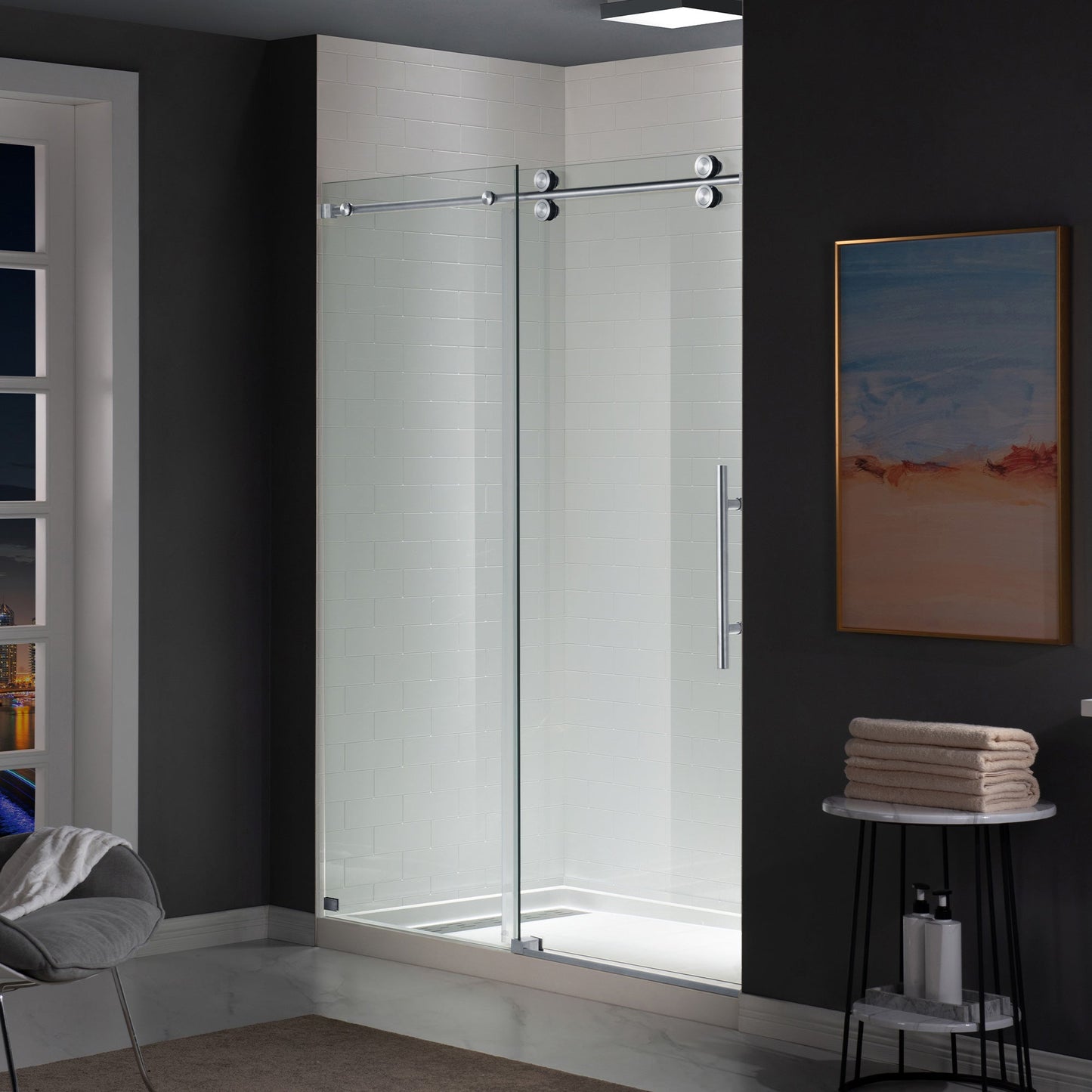 WOODBRIDGE Frameless Shower Doors 56-60" Width x 76"Height with 5/16"(8mm) Clear Tempered Glass, Single Sliding with Side Seal Strips