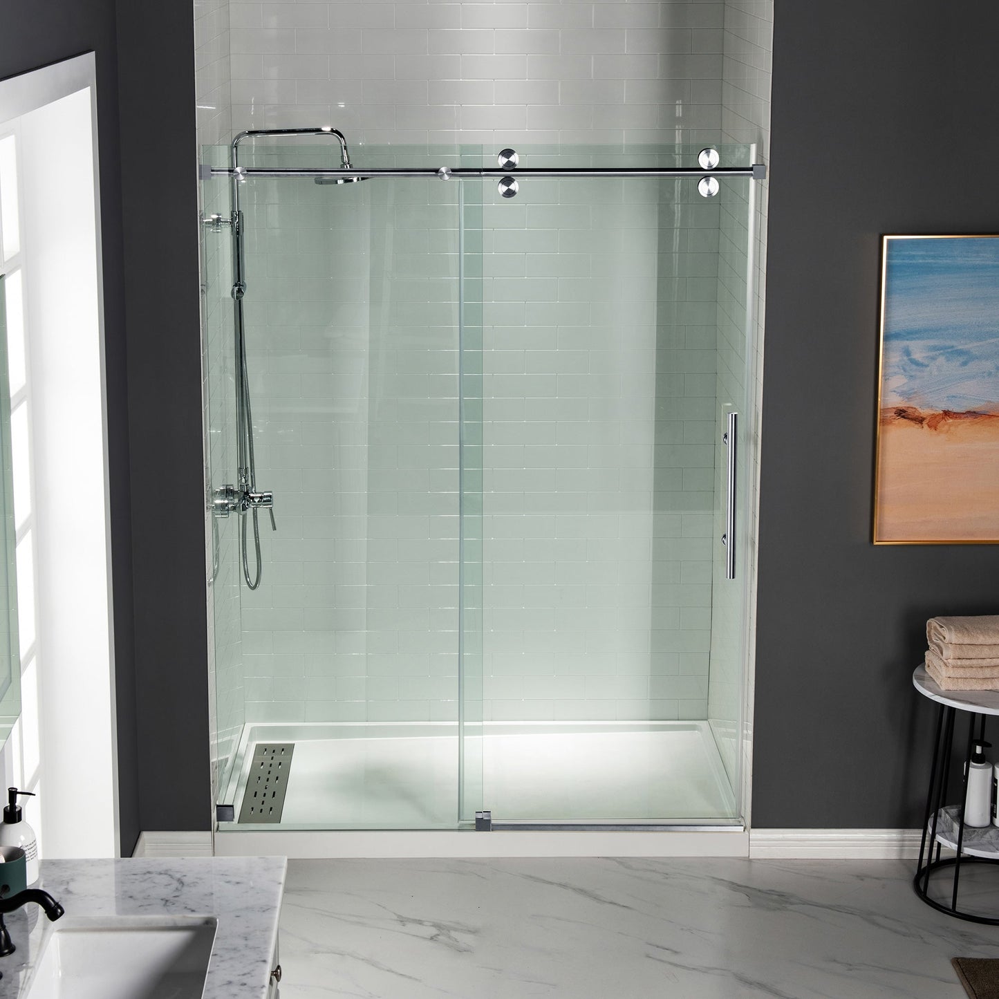 WOODBRIDGE Frameless Shower Doors 56-60" Width x 76"Height with 5/16"(8mm) Clear Tempered Glass, Single Sliding with Side Seal Strips