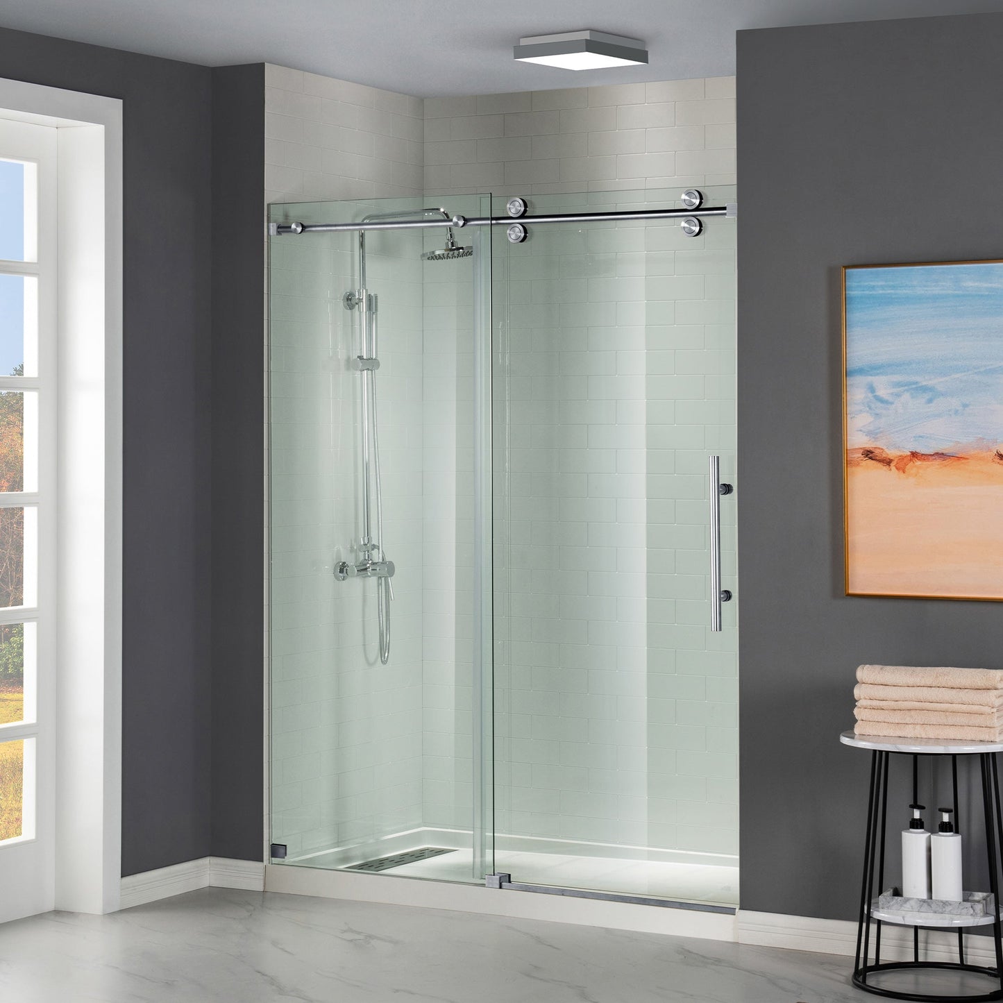 WOODBRIDGE Frameless Shower Doors 56-60" Width x 76"Height with 5/16"(8mm) Clear Tempered Glass, Single Sliding with Side Seal Strips