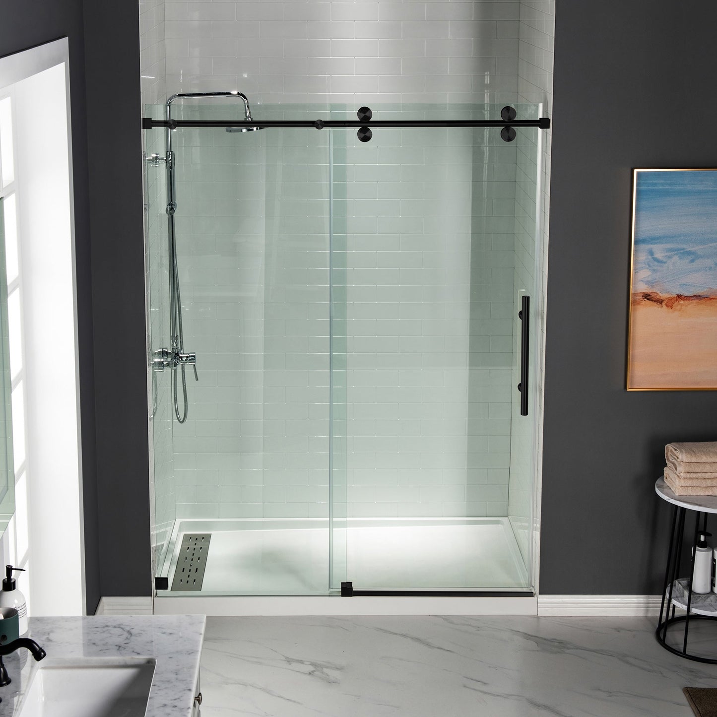 WOODBRIDGE Frameless Shower Doors 56-60" Width x 76"Height with 5/16"(8mm) Clear Tempered Glass, Single Sliding with Side Seal Strips
