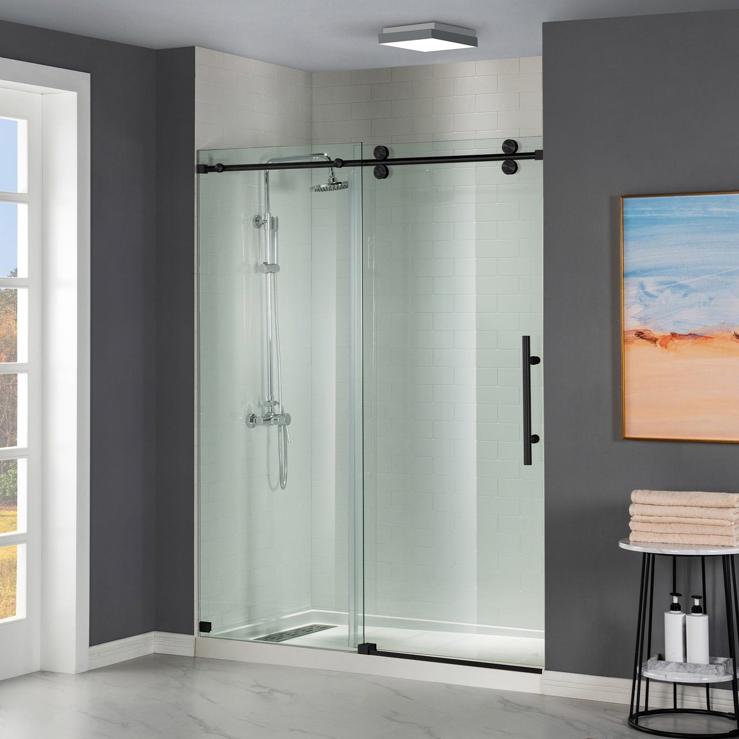 WOODBRIDGE Frameless Shower Doors 56-60" Width x 76"Height with 5/16"(8mm) Clear Tempered Glass, Single Sliding with Side Seal Strips