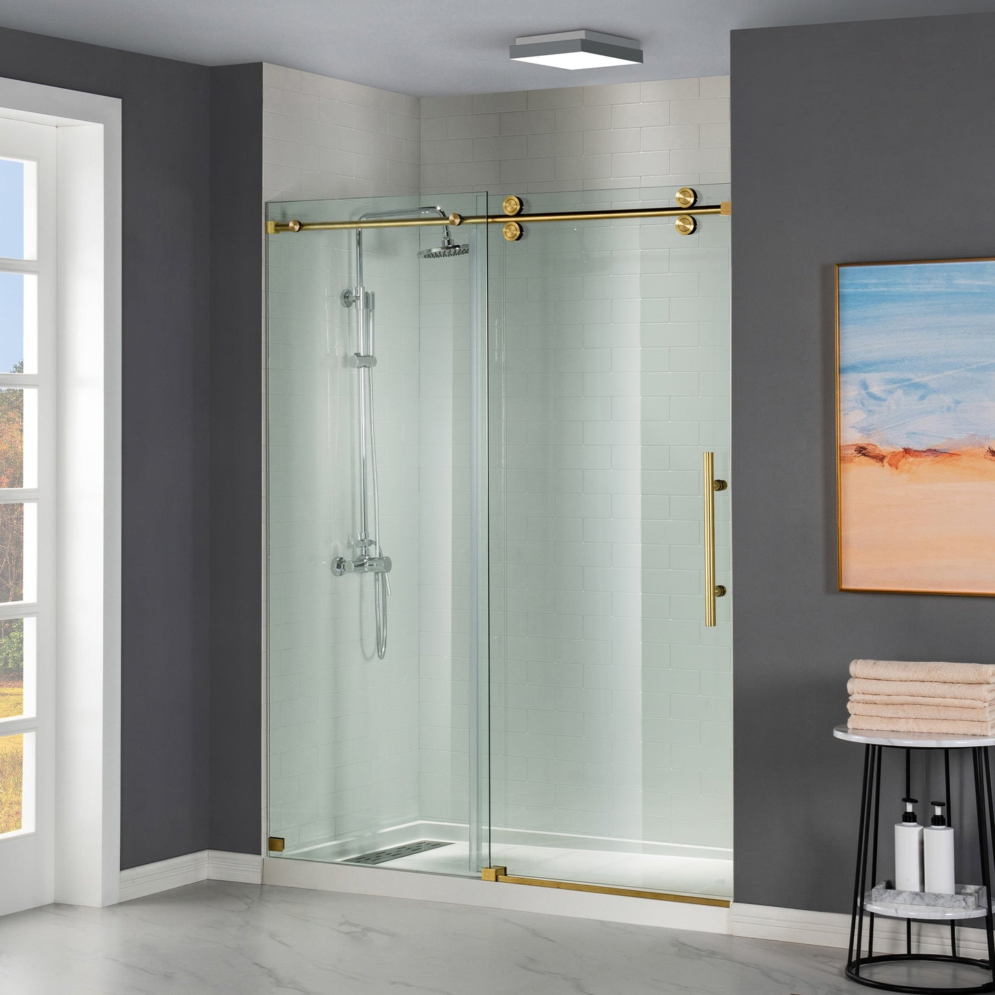 WOODBRIDGE Frameless Shower Doors 56-60" Width x 76"Height with 5/16"(8mm) Clear Tempered Glass, Single Sliding with Side Seal Strips