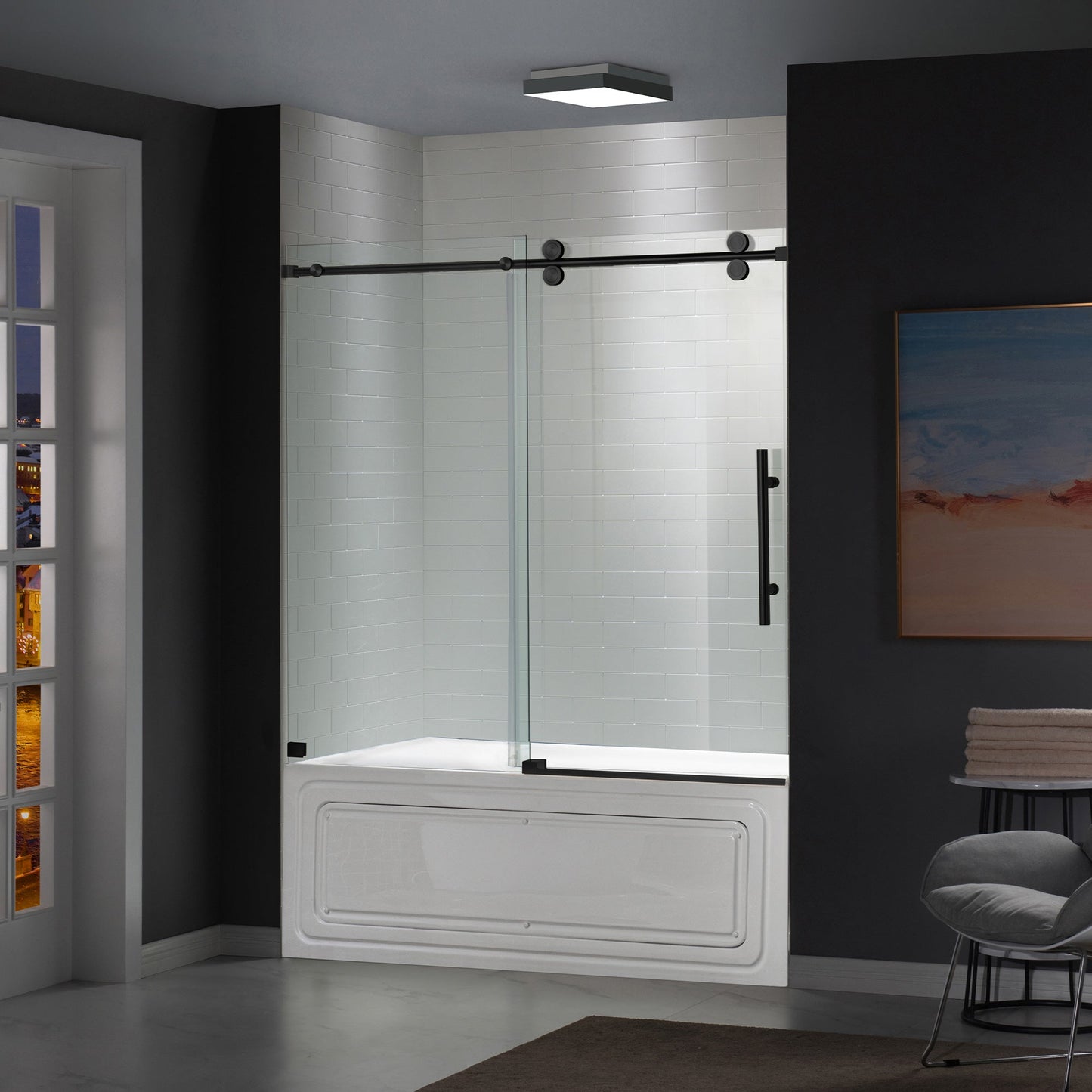 WOODBRIDGE Frameless Bathtub Shower Doors 56-60" Width x 66" Height with 5/16"(8mm) Clear Tempered Glass, Single Sliding with Side Seal Strips