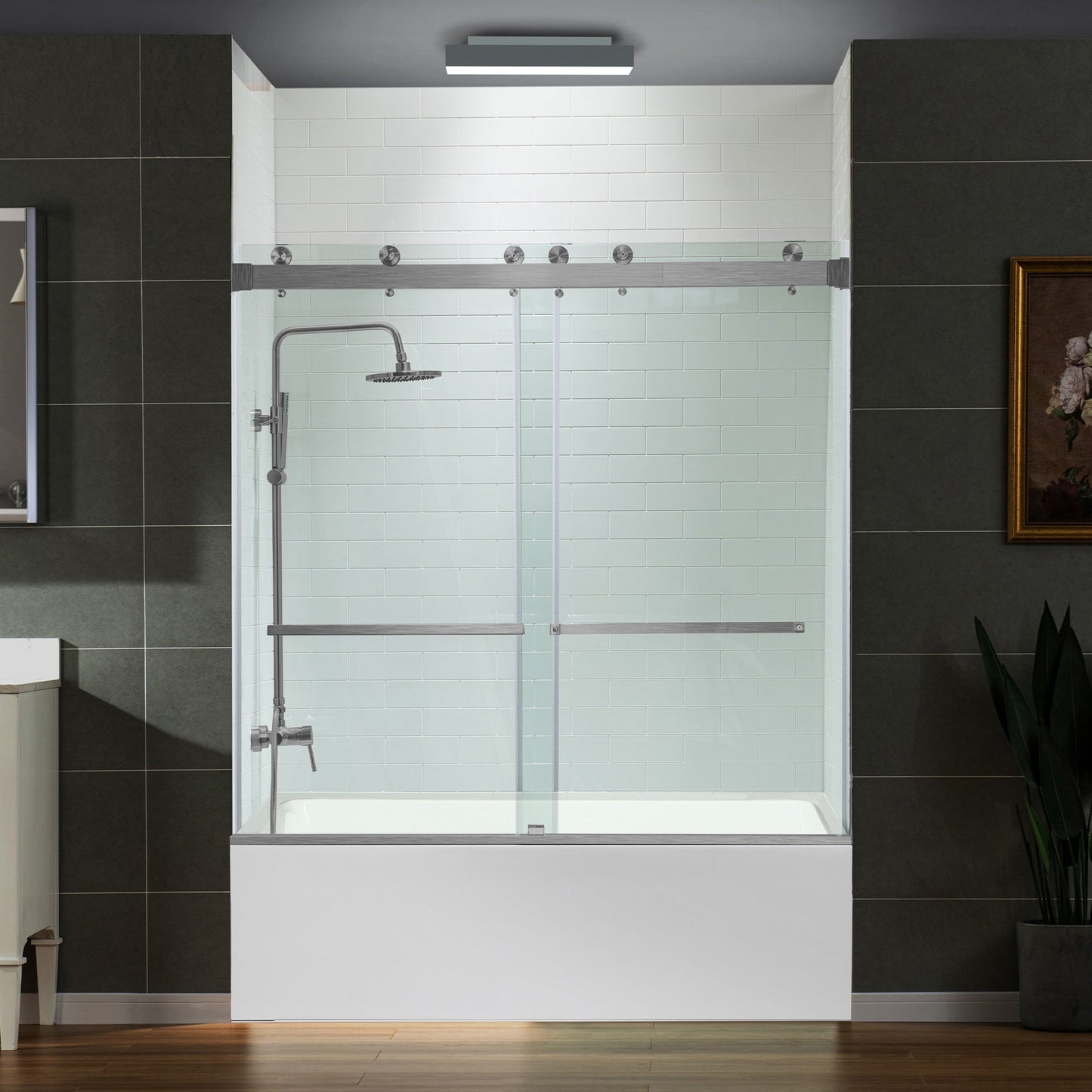 WOODBRIDGE Frameless Bathtub Shower Doors 56-60" Width x 66" Height with 5/16"(8mm) Clear Tempered Glass, Double Sliding with Side Seal Strips