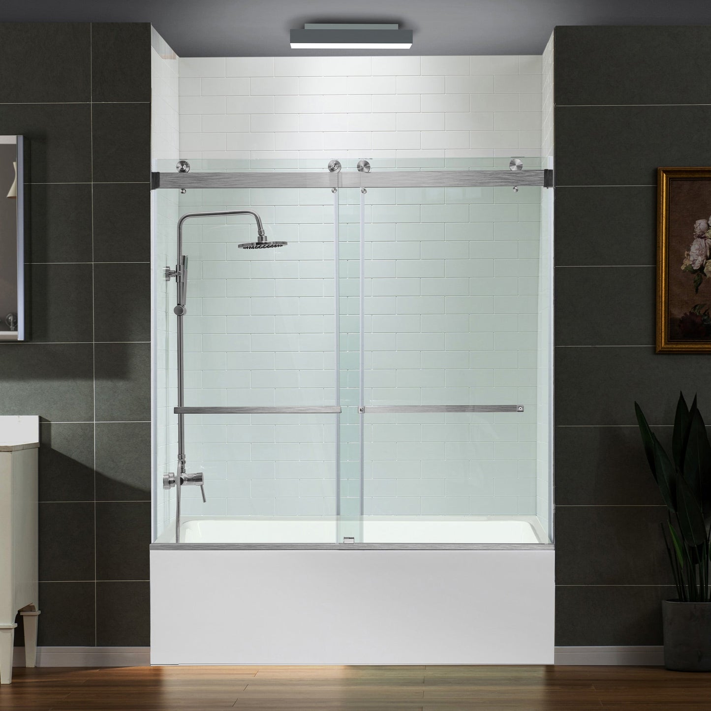 WOODBRIDGE Frameless Bathtub Shower Doors 56-60" Width x 66" Height with 5/16"(8mm) Clear Tempered Glass, Double Sliding with Side Seal Strips