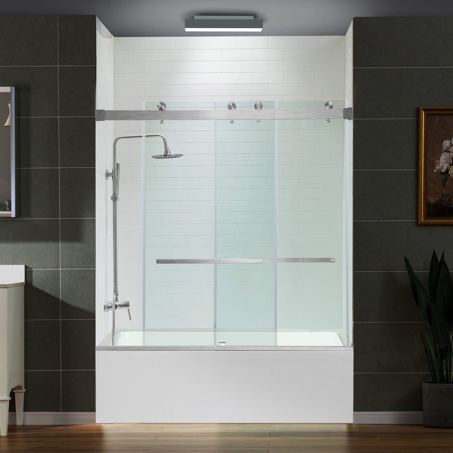 WOODBRIDGE Frameless Bathtub Shower Doors 56-60" Width x 66" Height with 5/16"(8mm) Clear Tempered Glass, Double Sliding with Side Seal Strips