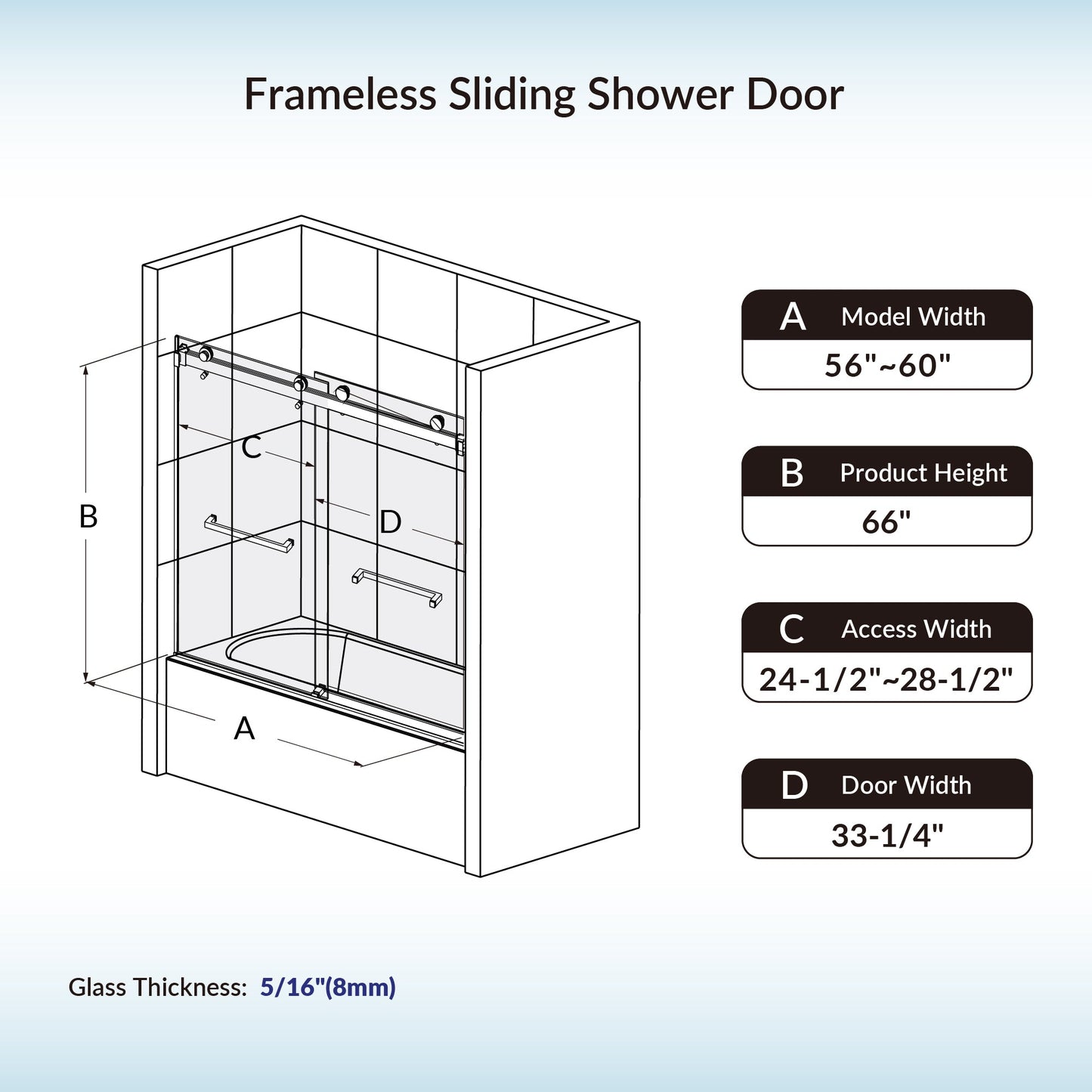WOODBRIDGE Frameless Bathtub Shower Doors 56-60" Width x 66" Height with 5/16"(8mm) Clear Tempered Glass, Double Sliding with Side Seal Strips