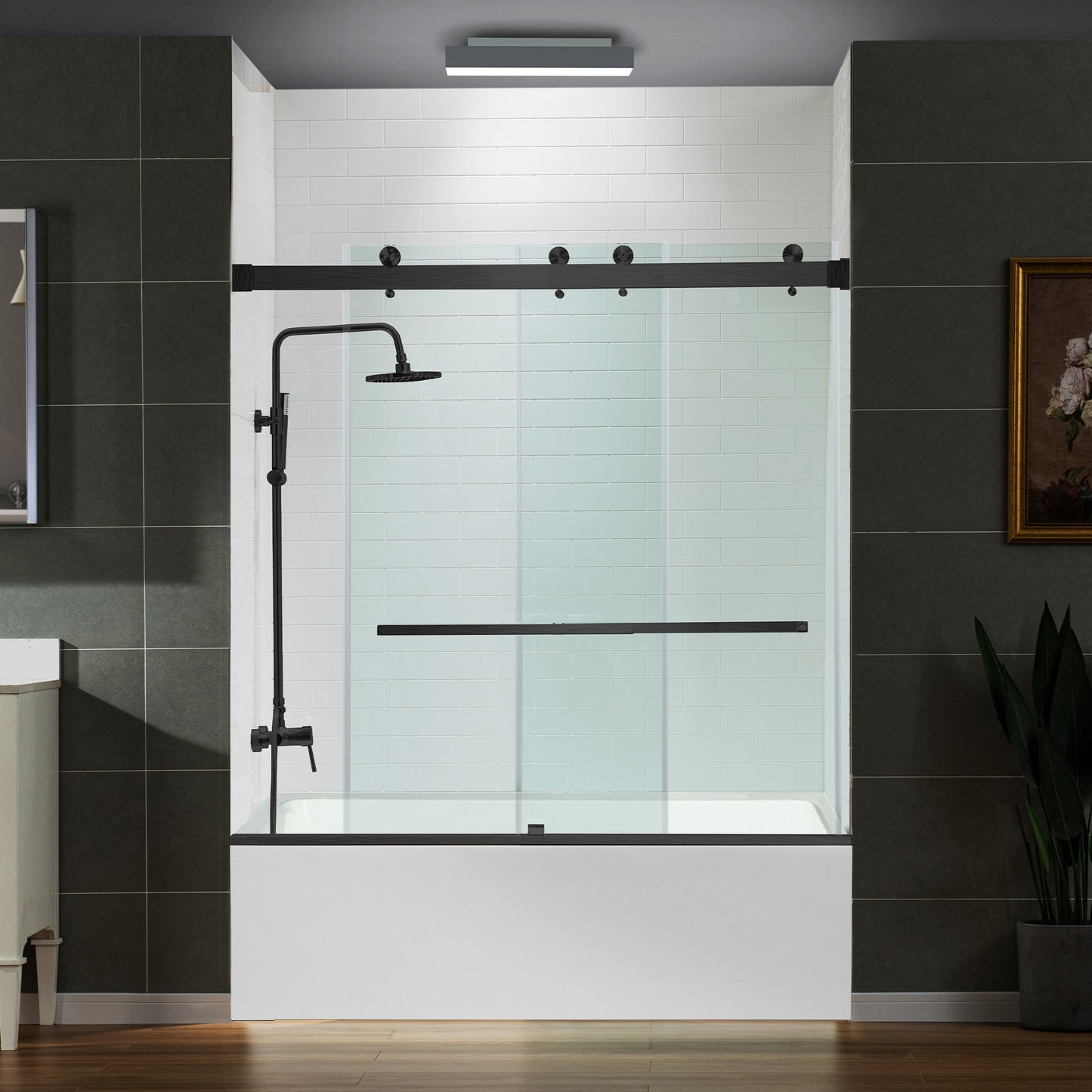 WOODBRIDGE Frameless Bathtub Shower Doors 56-60" Width x 66" Height with 5/16"(8mm) Clear Tempered Glass, Double Sliding with Side Seal Strips