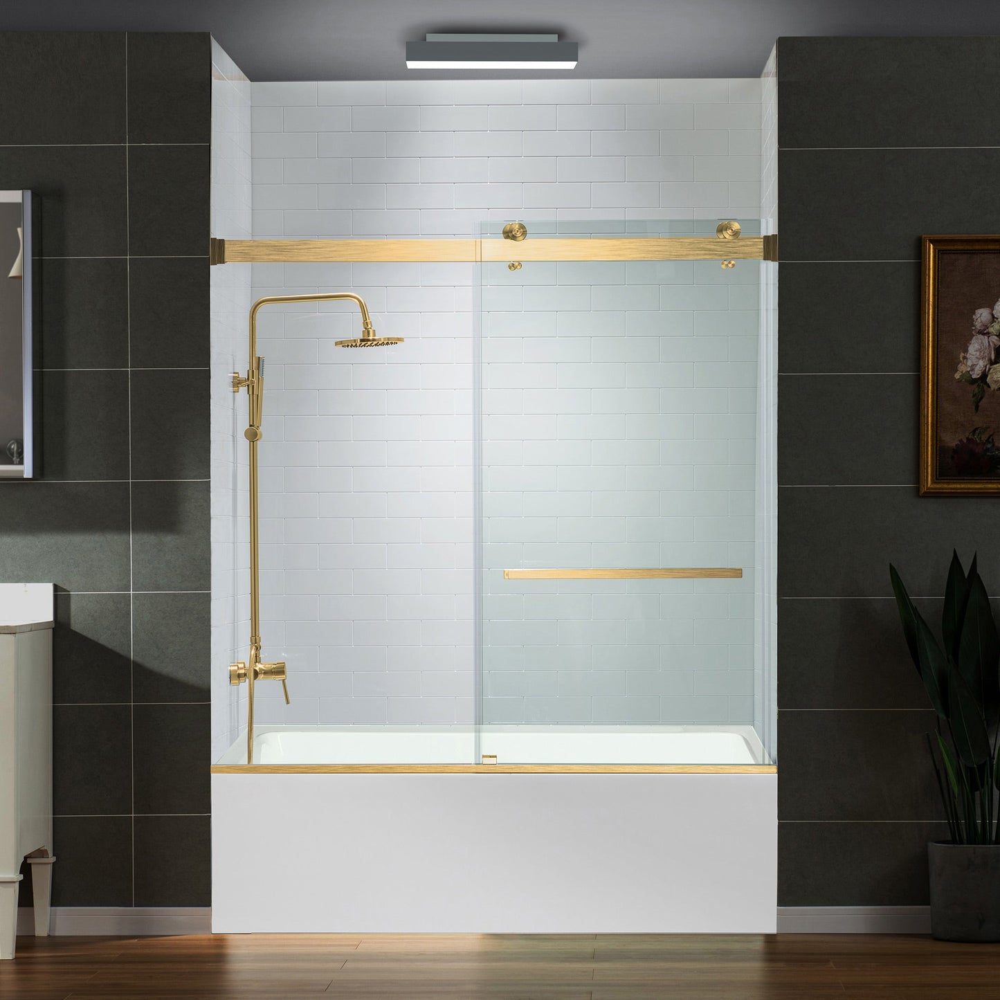 WOODBRIDGE Frameless Bathtub Shower Doors 56-60" Width x 66" Height with 5/16"(8mm) Clear Tempered Glass, Double Sliding with Side Seal Strips