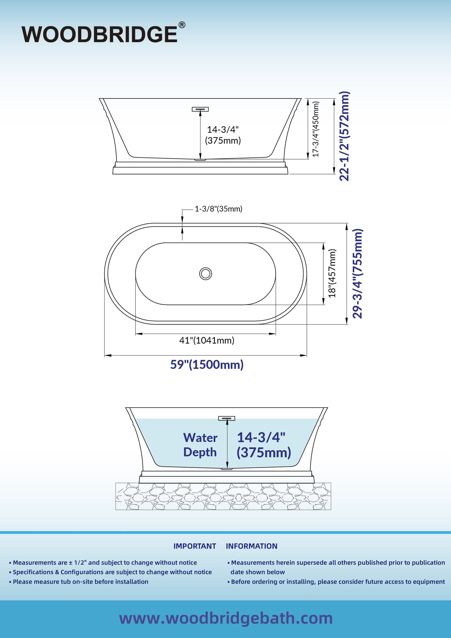 WOODBRIDGE 59 in. Freestanding Double Ended Acrylic Soaking Bathtub
