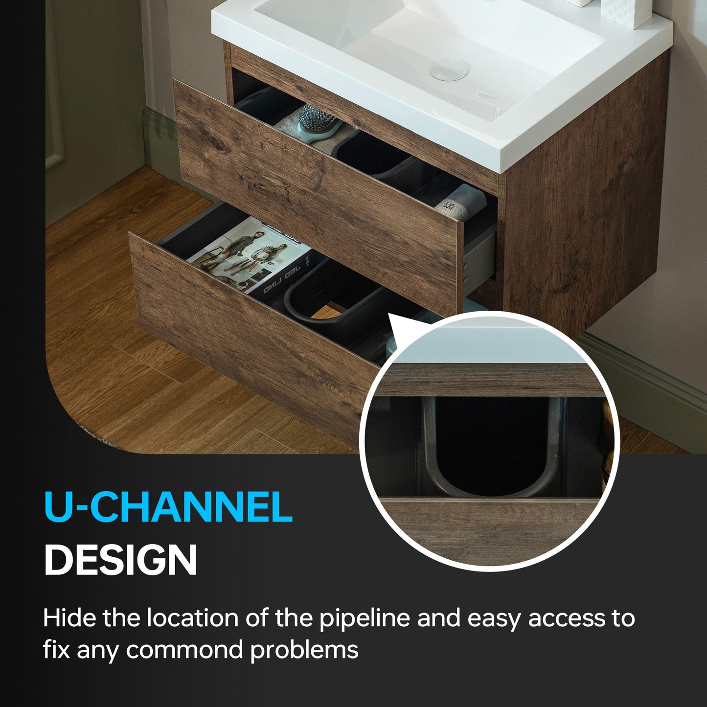 WOODBRIDGE 23-5/8 in. W x 19-5/8 in. D Wall Mounted Floating Vanity in Rose Wood with Resin Composite Vanity Top in Glossy White
