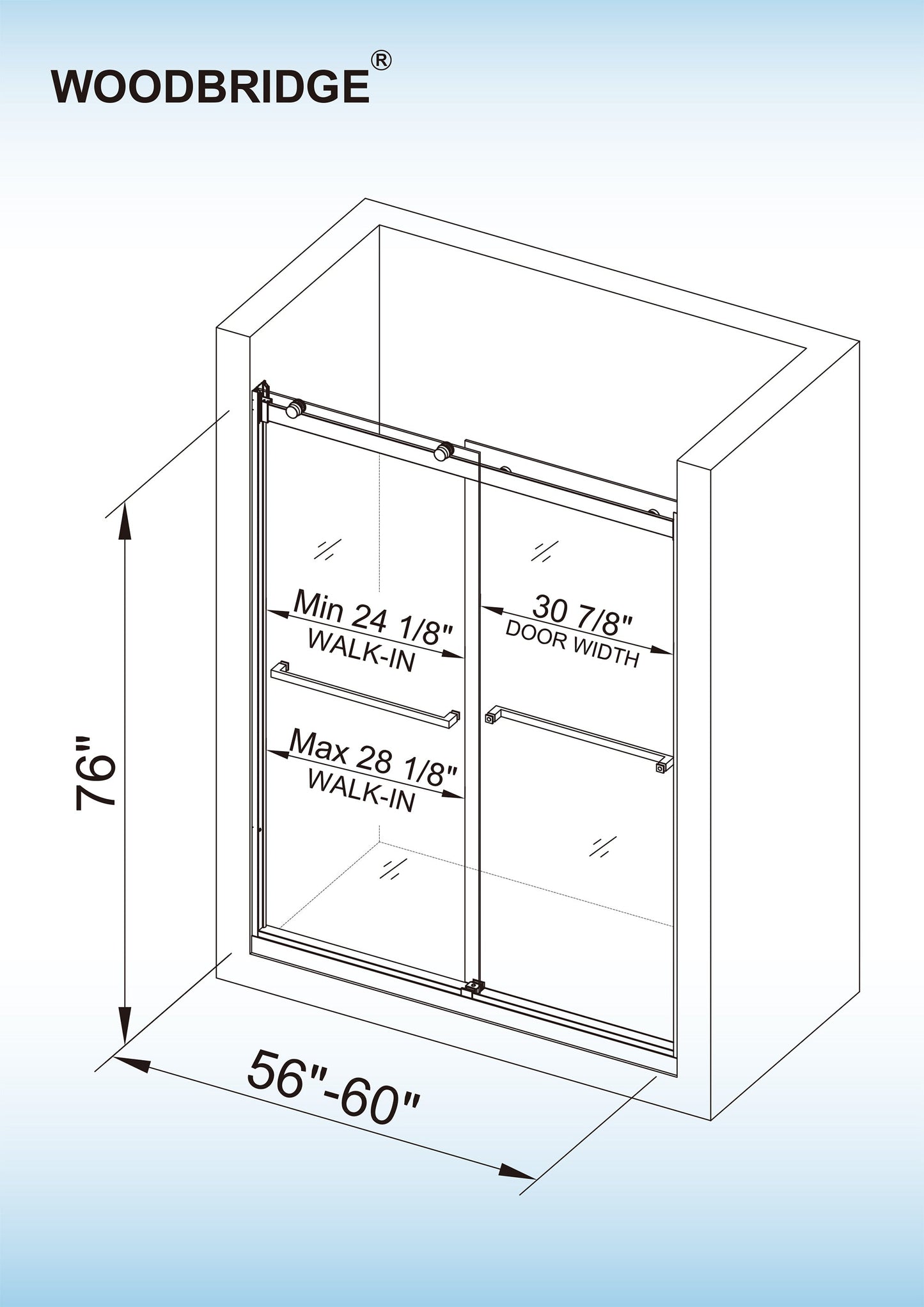 WOODBRIDGE Frameless Shower Doors 56-60" Width x 76"Height with 5/16"(8mm) Clear Tempered Glass, 2 Ways Opening & Double Sliding