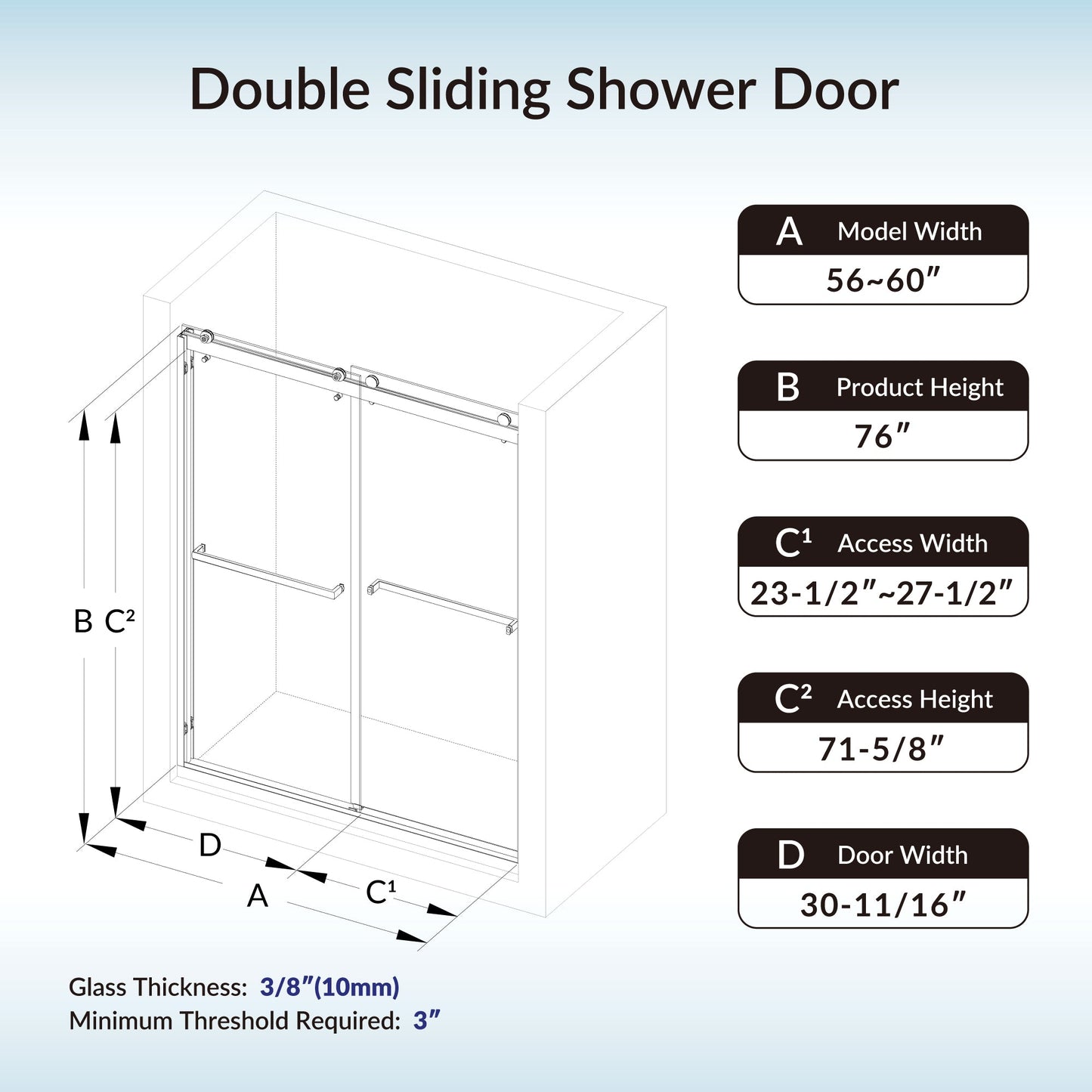 WOODBRIDGE Frameless Shower Doors 56-60" Width x 76"Height with 3/8"(10mm) Clear Tempered Glass, 2 Ways Opening & Double Sliding