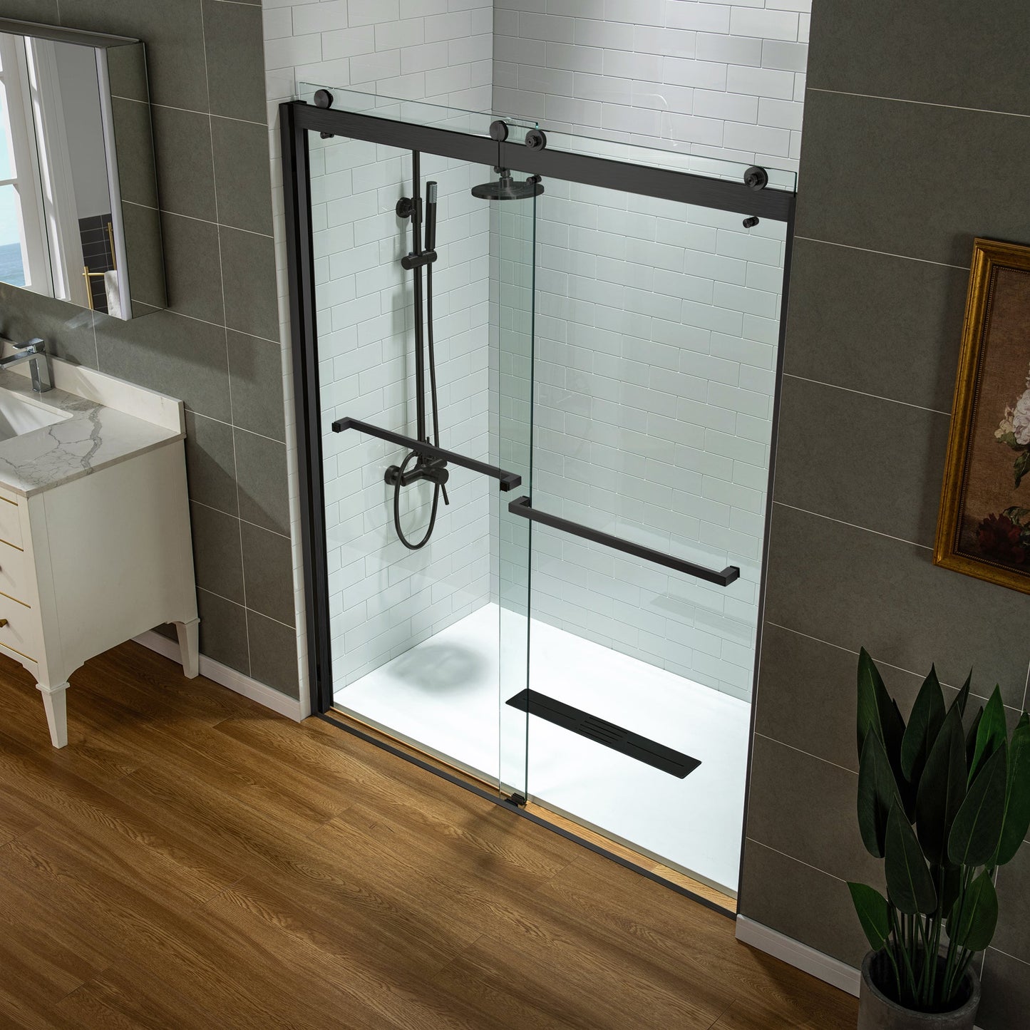 WOODBRIDGE Frameless Shower Doors 56-60" Width x 76"Height with 3/8"(10mm) Clear Tempered Glass, 2 Ways Opening & Double Sliding