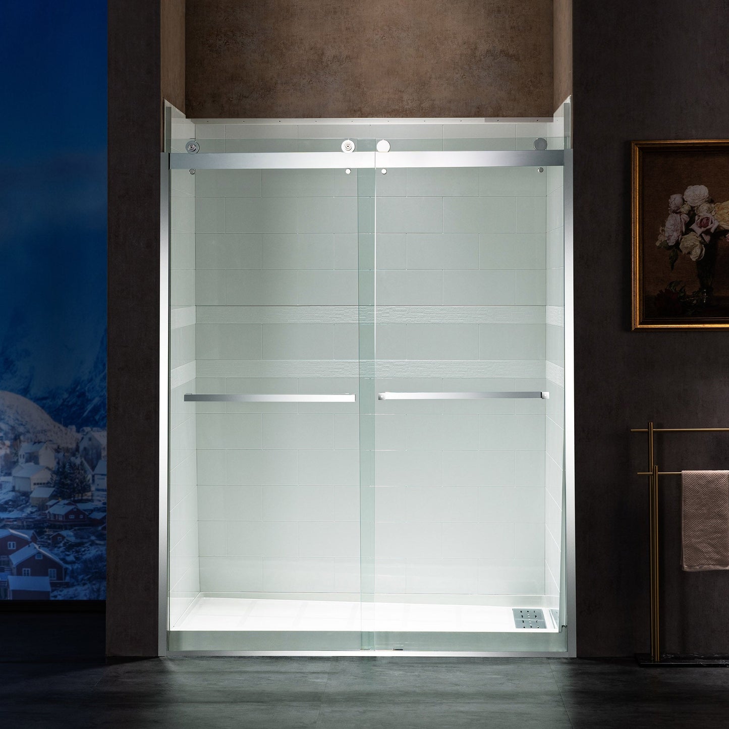 WOODBRIDGE Frameless Shower Doors 56-60" Width x 76"Height with 3/8"(10mm) Clear Tempered Glass, 2 Ways Opening & Double Sliding