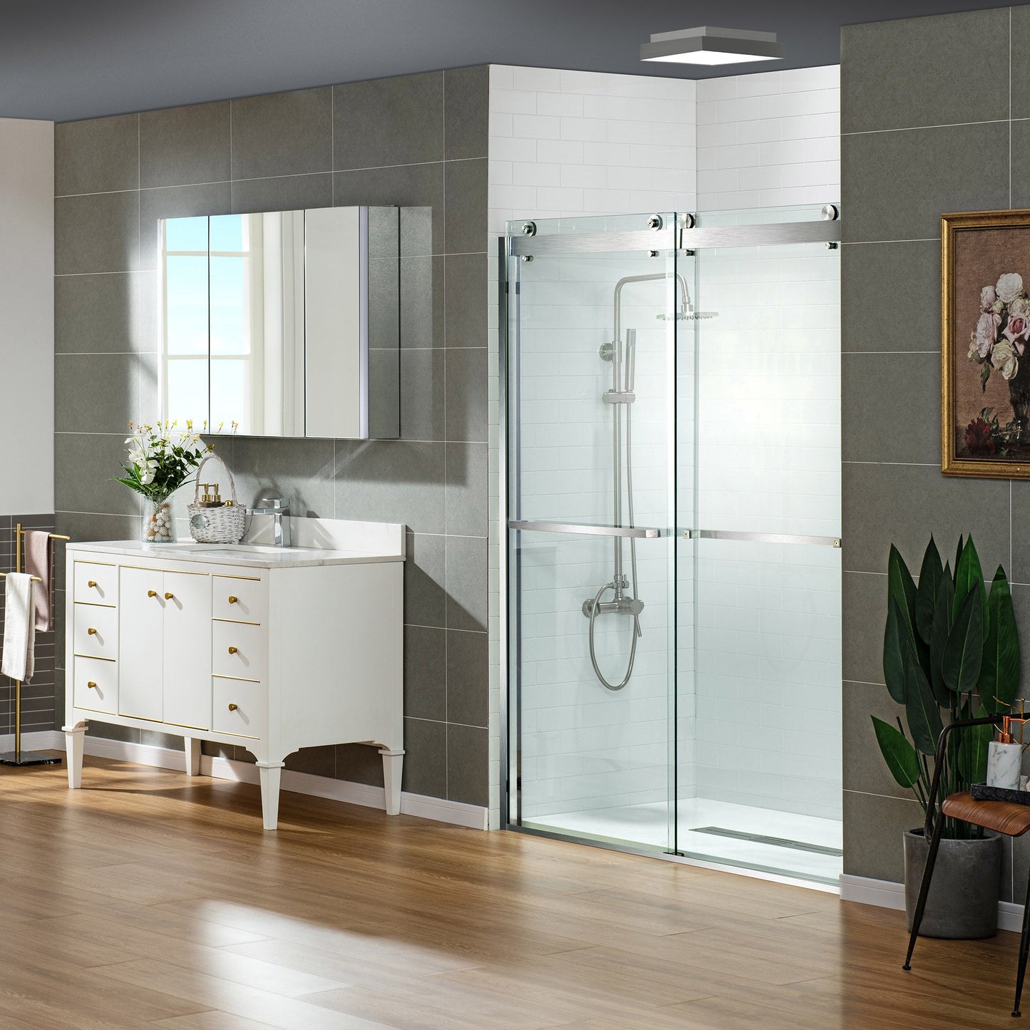 WOODBRIDGE Frameless Shower Doors 56-60" Width x 76"Height with 3/8"(10mm) Clear Tempered Glass, 2 Ways Opening & Double Sliding