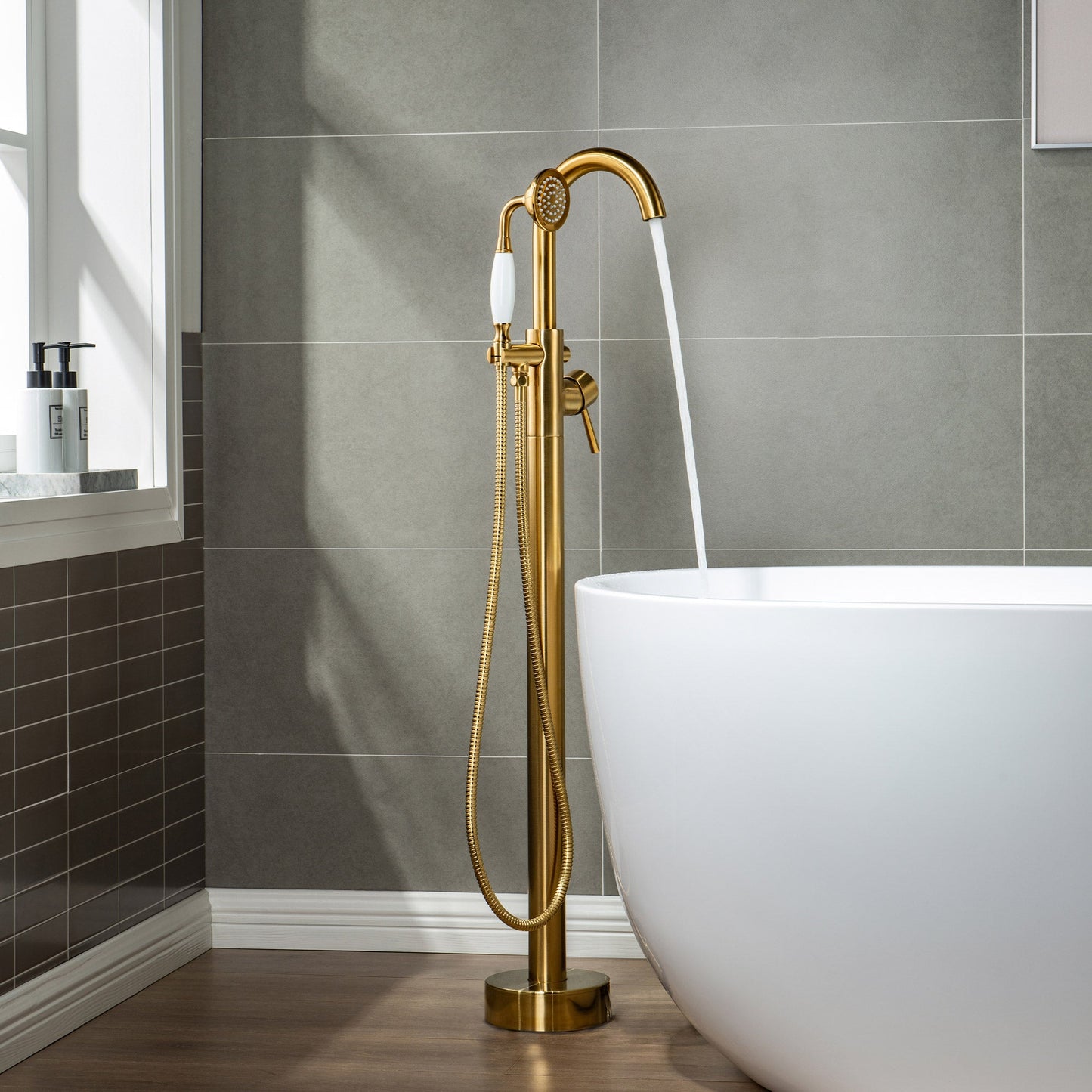 WOODBRIDGE WOODBRIDGEE F0001BNVT Contemporary Single Handle Floor Mount Freestanding Tub Filler Faucet with Hand shower