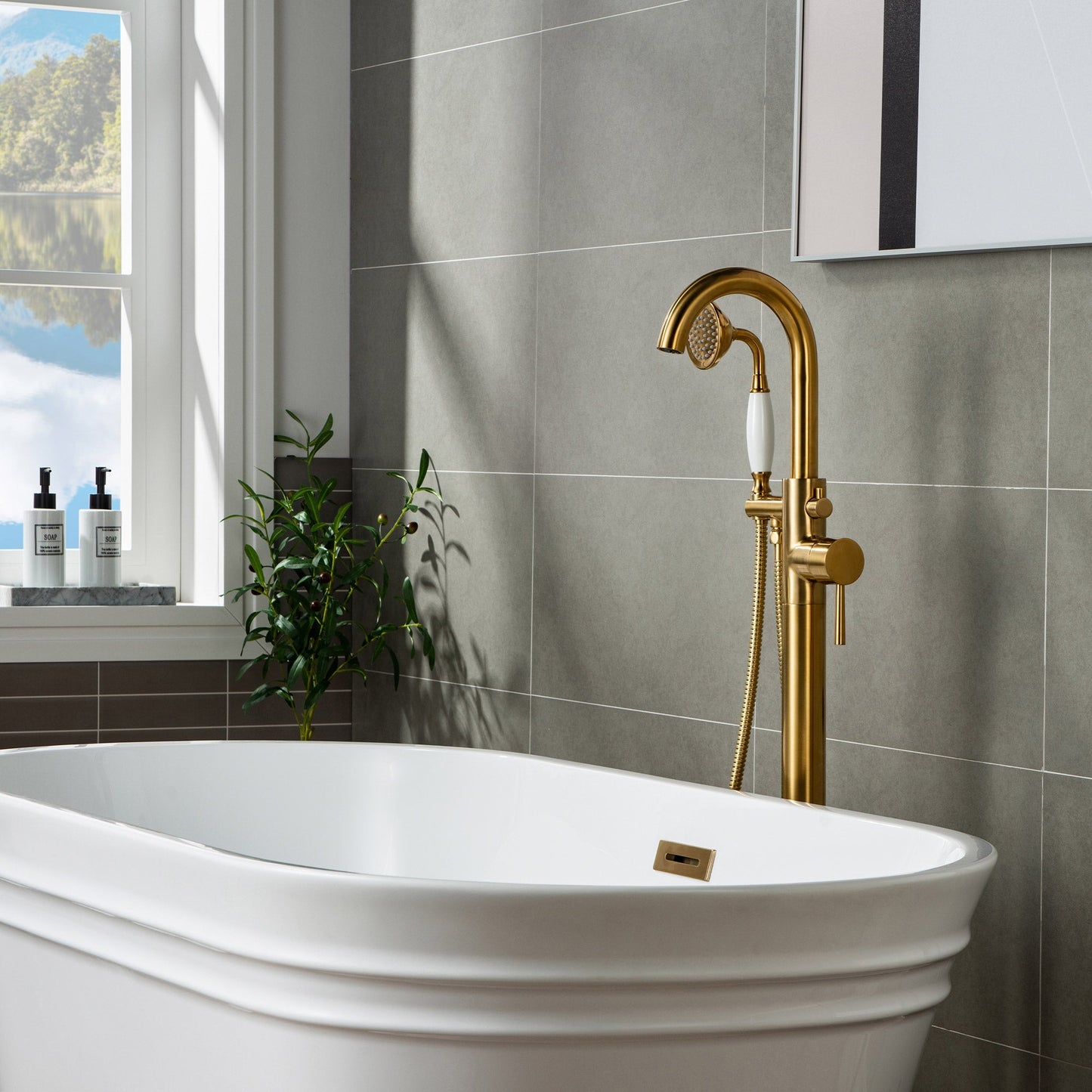 WOODBRIDGE WOODBRIDGEE F0001BNVT Contemporary Single Handle Floor Mount Freestanding Tub Filler Faucet with Hand shower