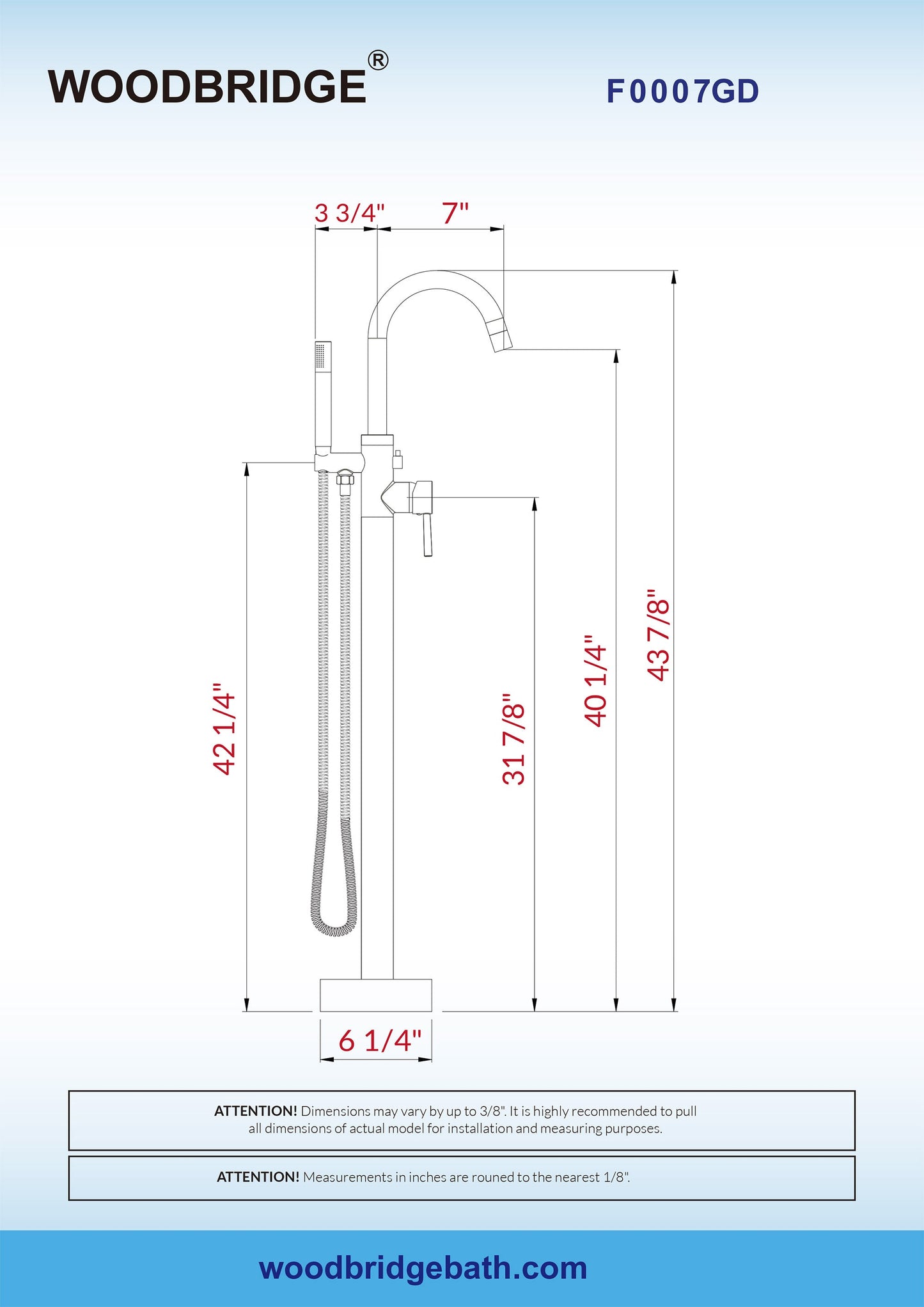 WOODBRIDGE F0001BNRD Contemporary Single Handle Floor Mount Freestanding Tub Filler Faucet with Hand shower