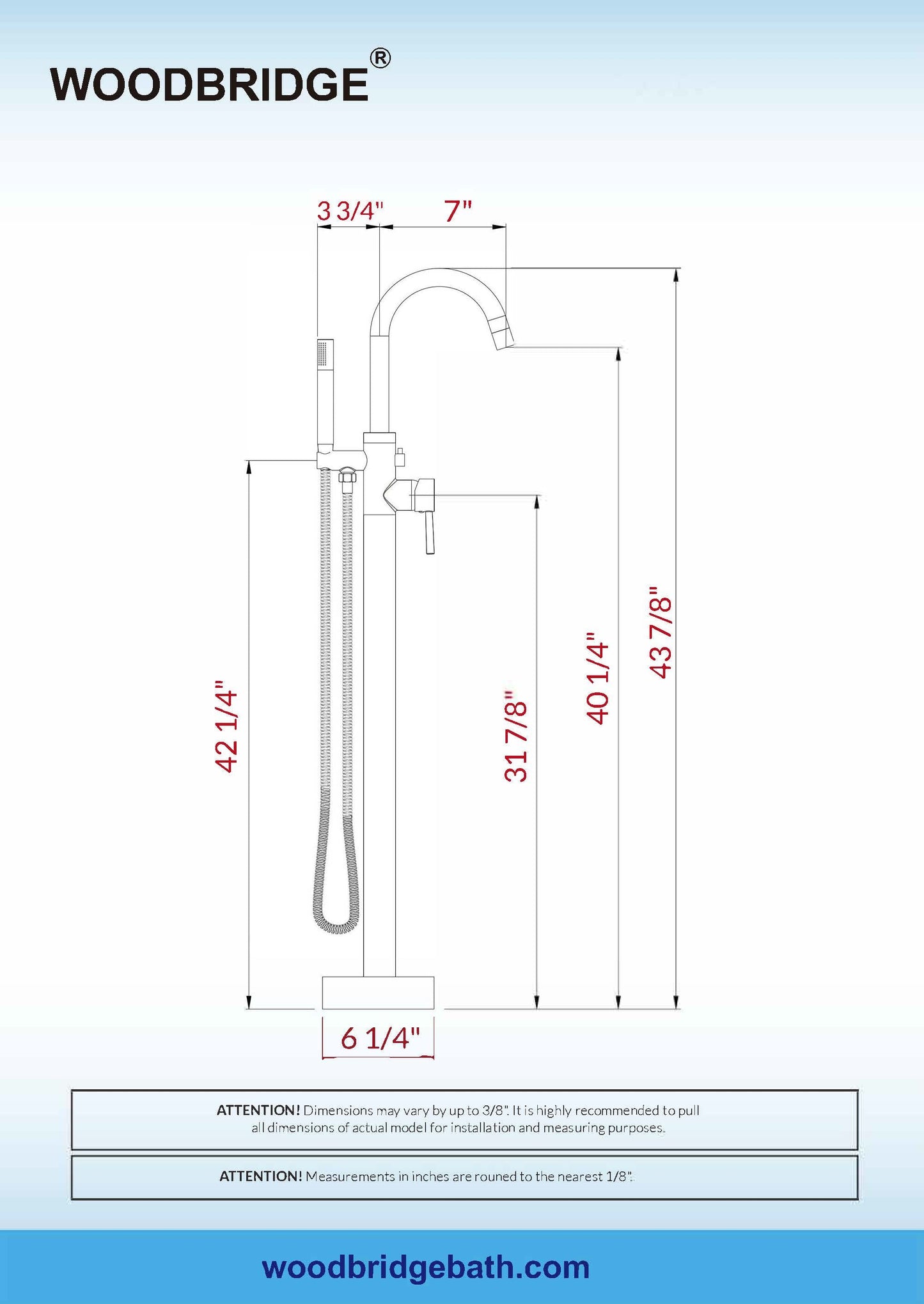 WOODBRIDGE F0023BNRD Contemporary Single Handle Floor Mount Freestanding Tub Filler Faucet with Cylinder Shape Hand shower