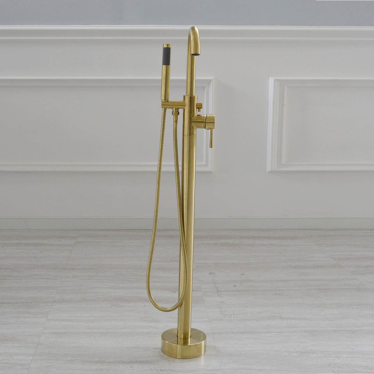 WOODBRIDGE F0023BNRD Contemporary Single Handle Floor Mount Freestanding Tub Filler Faucet with Cylinder Shape Hand shower