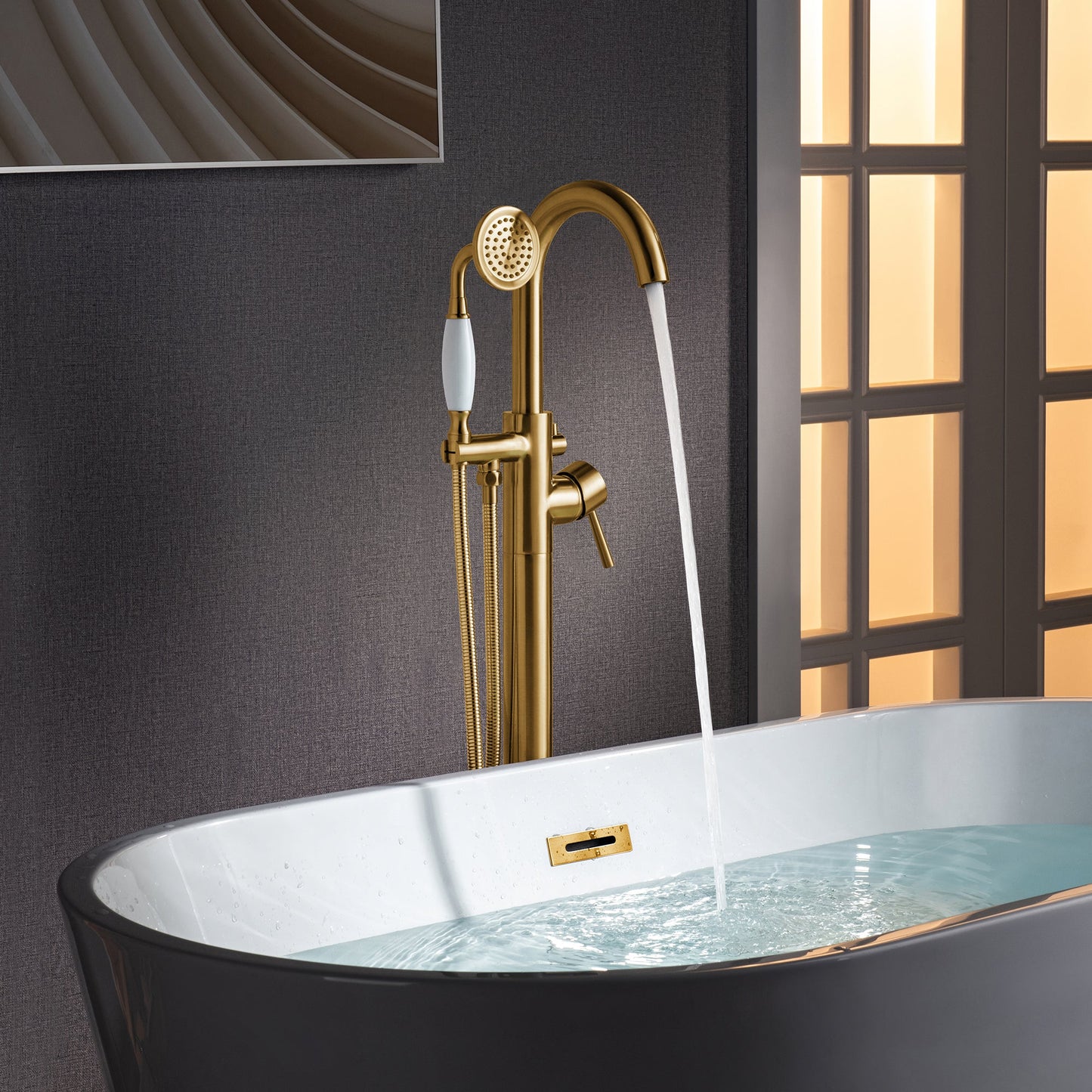 WOODBRIDGE F0023BNVT Fusion Single Handle Floor Mount Freestanding Tub Filler Faucet with Telephone Hand shower