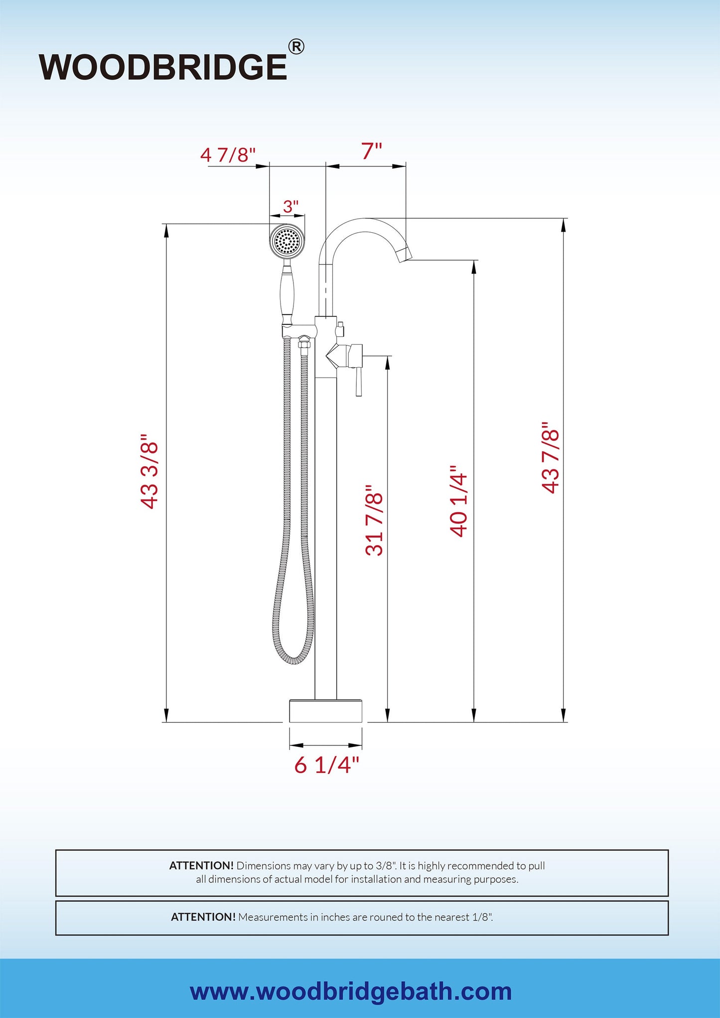 WOODBRIDGE F0023BNVT Fusion Single Handle Floor Mount Freestanding Tub Filler Faucet with Telephone Hand shower
