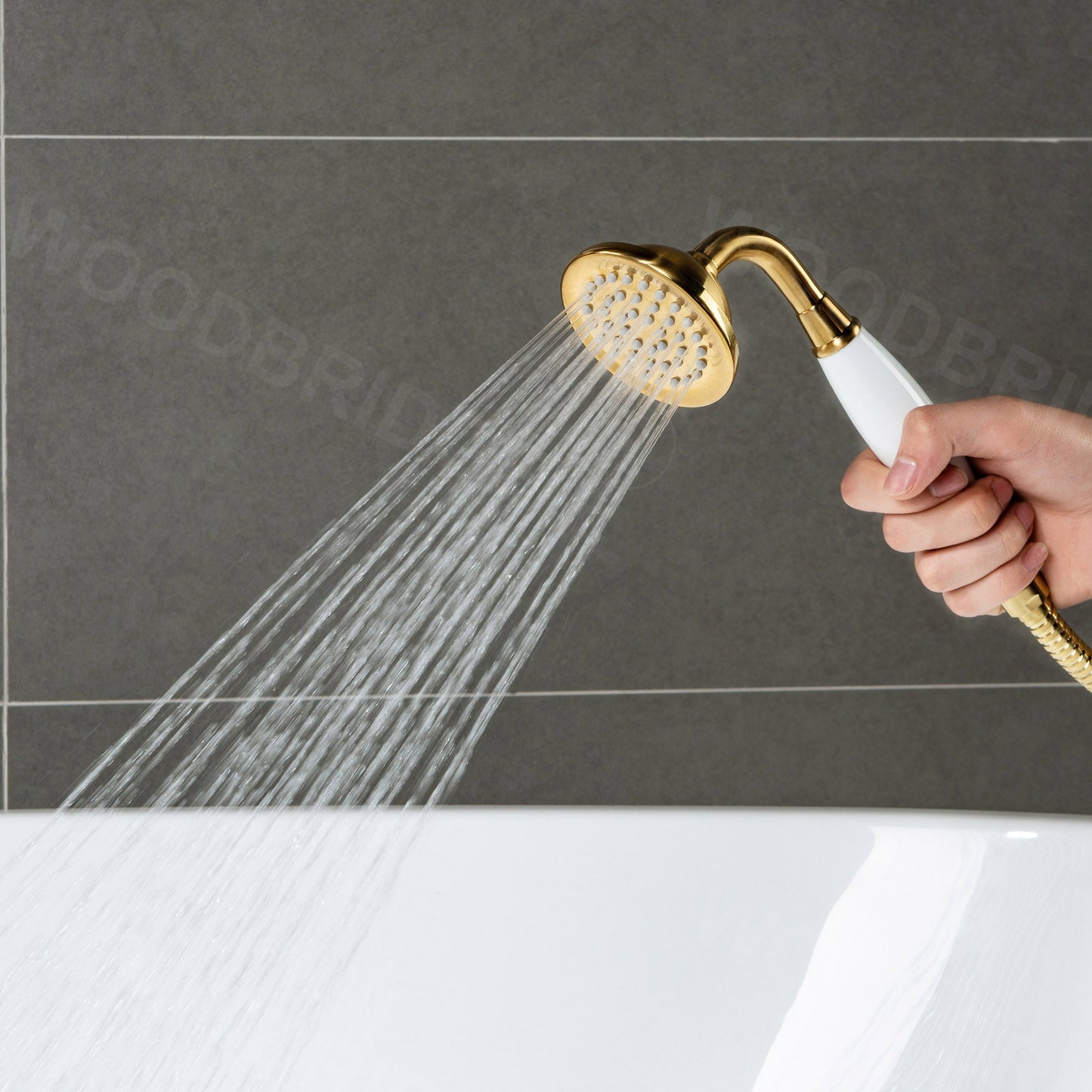 WOODBRIDGE F0023BNVT Fusion Single Handle Floor Mount Freestanding Tub Filler Faucet with Telephone Hand shower