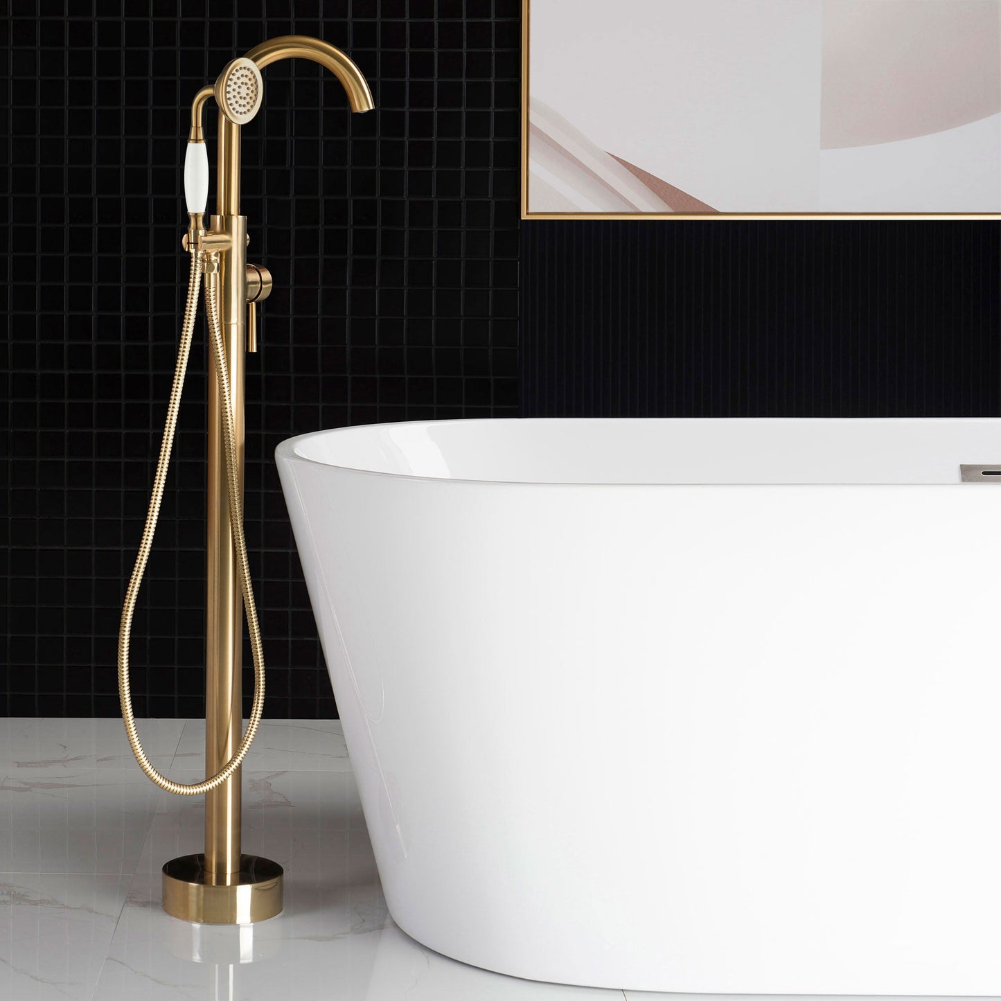 WOODBRIDGE F0023BNVT Fusion Single Handle Floor Mount Freestanding Tub Filler Faucet with Telephone Hand shower