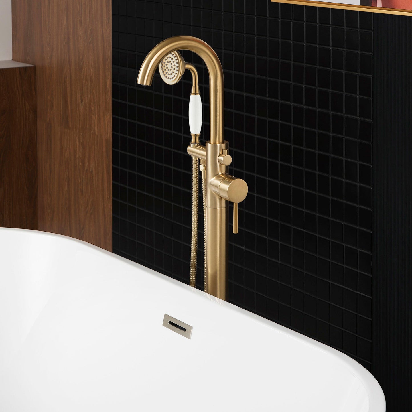WOODBRIDGE F0023BNVT Fusion Single Handle Floor Mount Freestanding Tub Filler Faucet with Telephone Hand shower